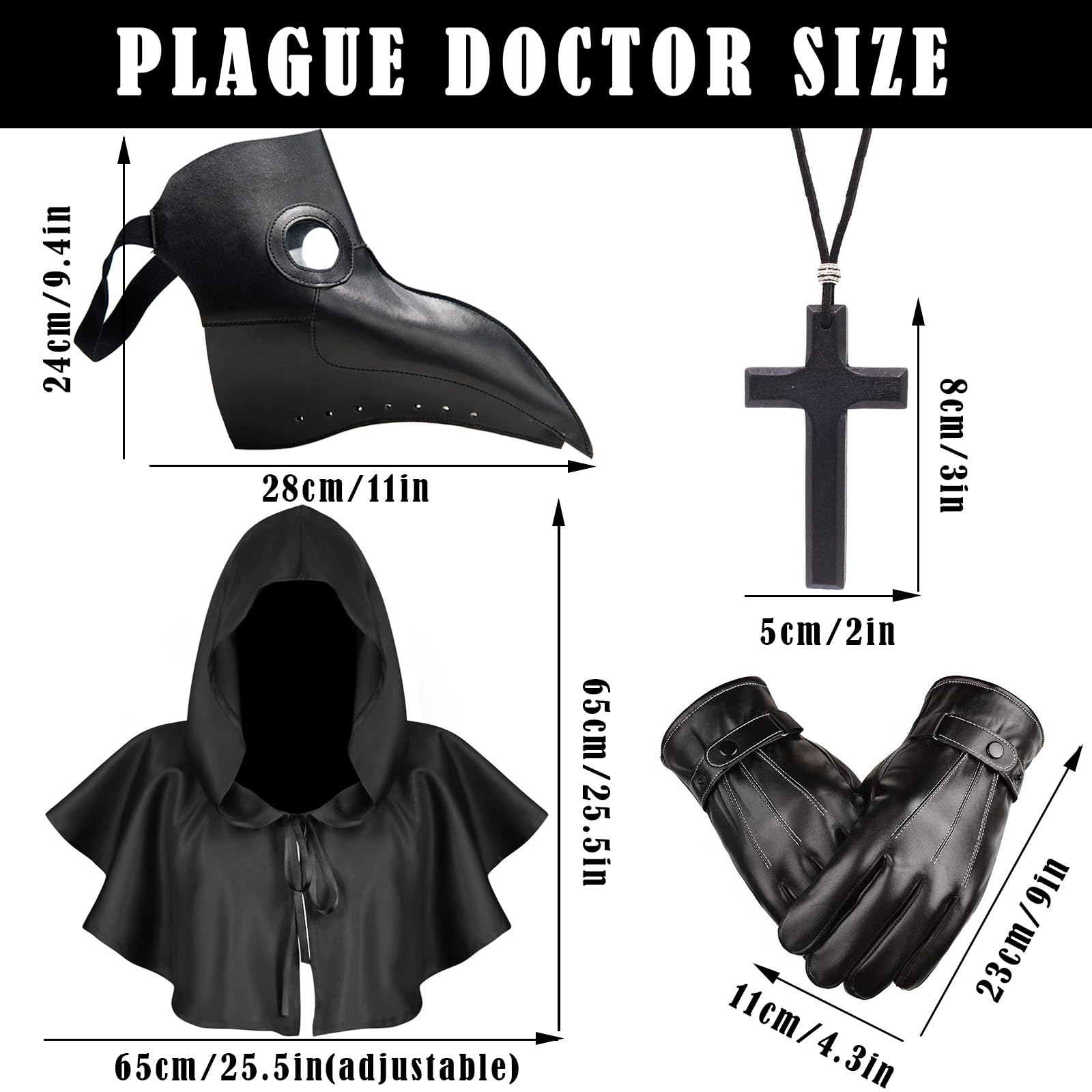 Medico Della Peste Costume Maschera Medico Della Peste Halloween Cosplay Uomo Steampunk Maschera Dottore Della Peste Crocifisso Collana Legno Pelle Guanti Mantello con Cappuccio per Carnevale Festa