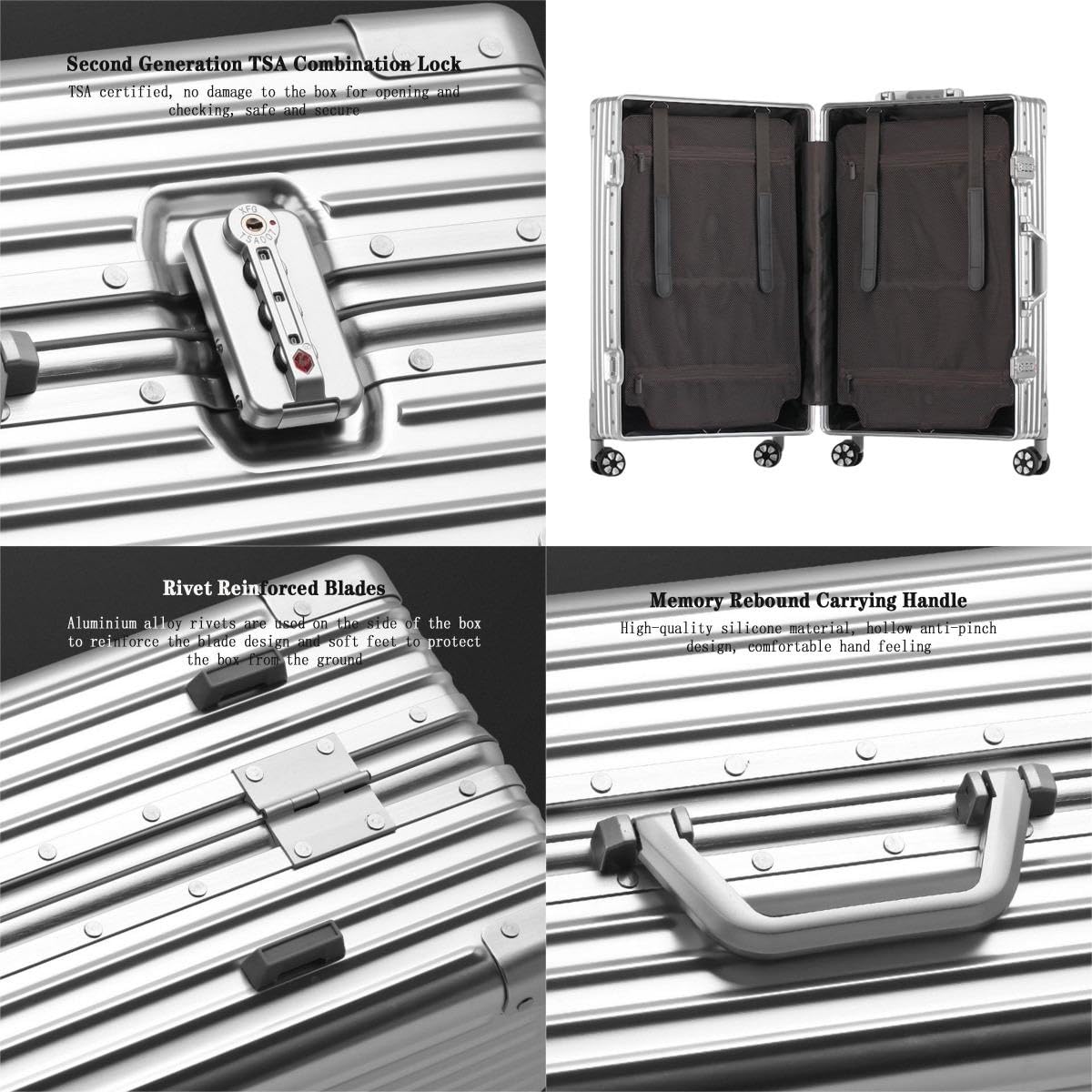 Walizka aluminiowa, walizka podręczna, walizka kabinowa, bagaż podręczny, duża walizka, bagaż kabinowy, średnia walizka 4 kółka, twarda walizka, kolacja, niski poziom hałasu, kółka obrotowe i zamek