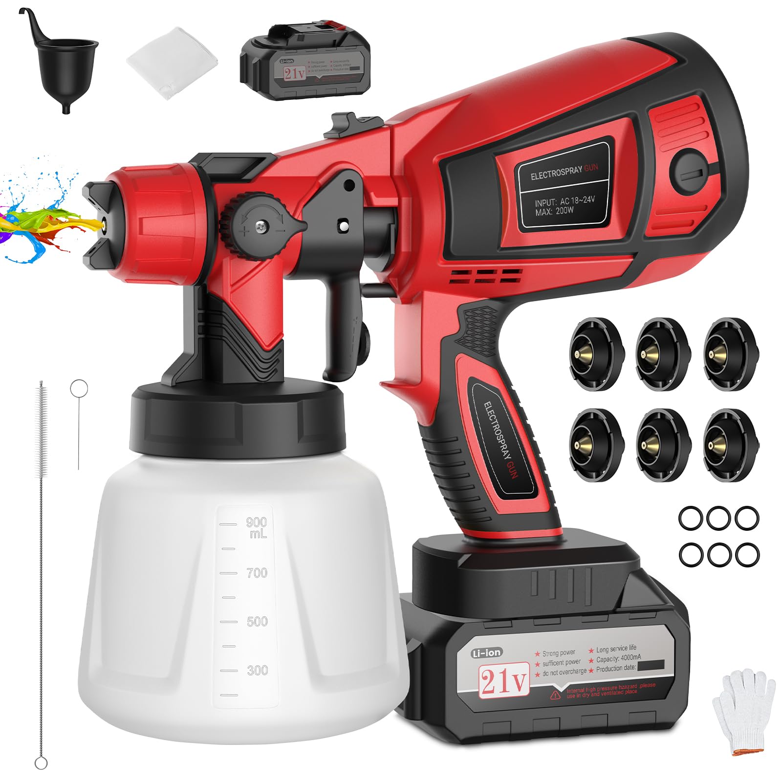 Pistolet Peinture Electrique, HVLP 650W Pulvérisateurs de Peinture avec 2x4000mAh Batteries,6 Buses et 3 Modes,Réservoir de 1000ML,Pistolet a Peinture sans Fil pour Maison,Meubles (Rouge)