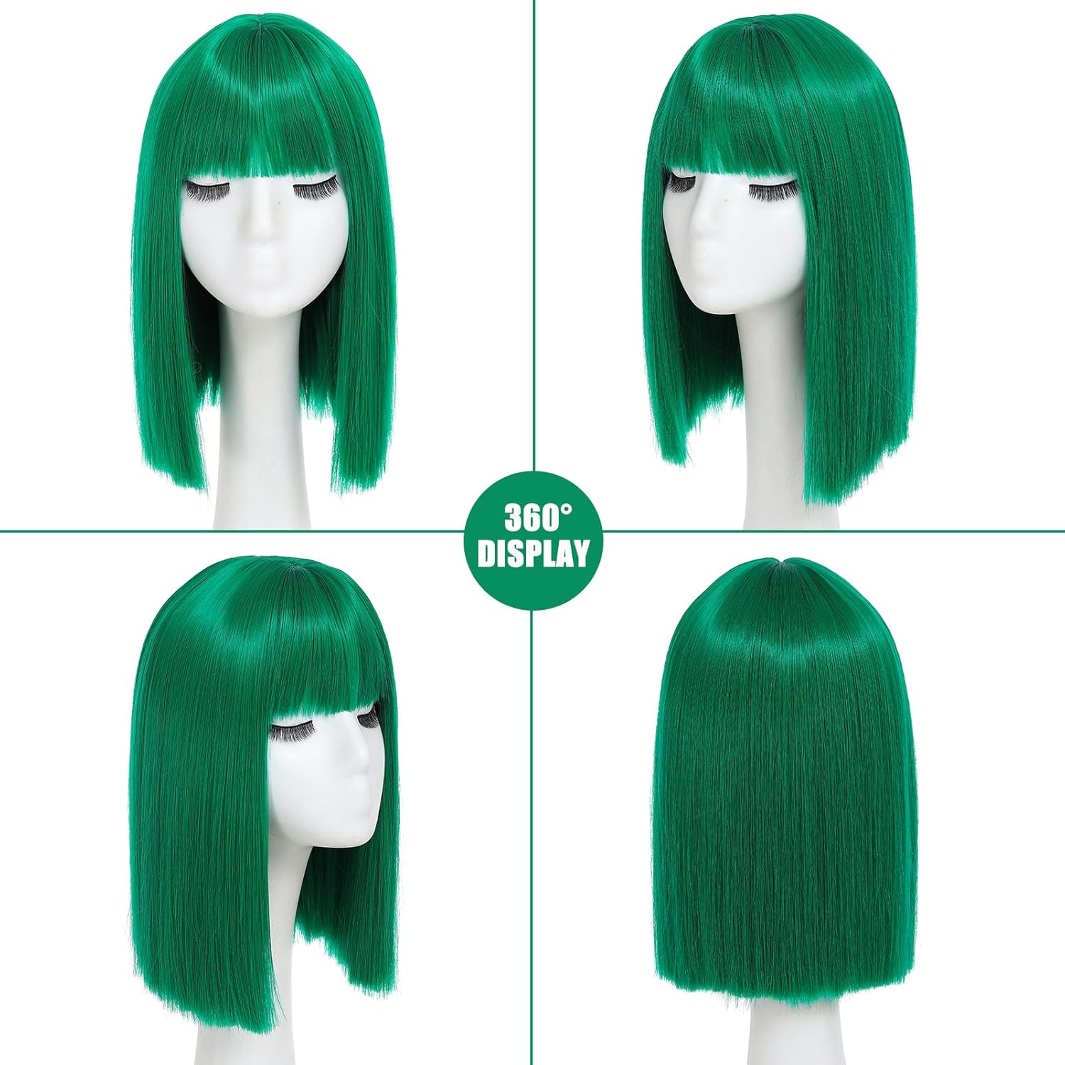 Green Bob Wig With Bangs - Heat Resistant 14Inch Synthetic Hair, Short Straight Shoulder Length Natural-Looking Cosplay Wig for Daily Use, Parties & Women Girls