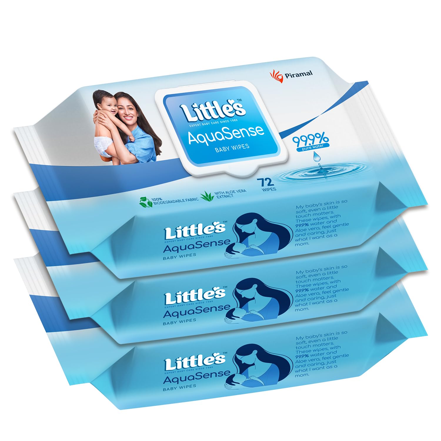 Little's AquaSense Baby Wipes | Made of 99.9% Purified water | Unscented | 100% Biodegradable | Plant-based Active | Pack of 3 x 72 Count | Aloevera | Pure Water Wipes for Sensitive Skin-picture-12