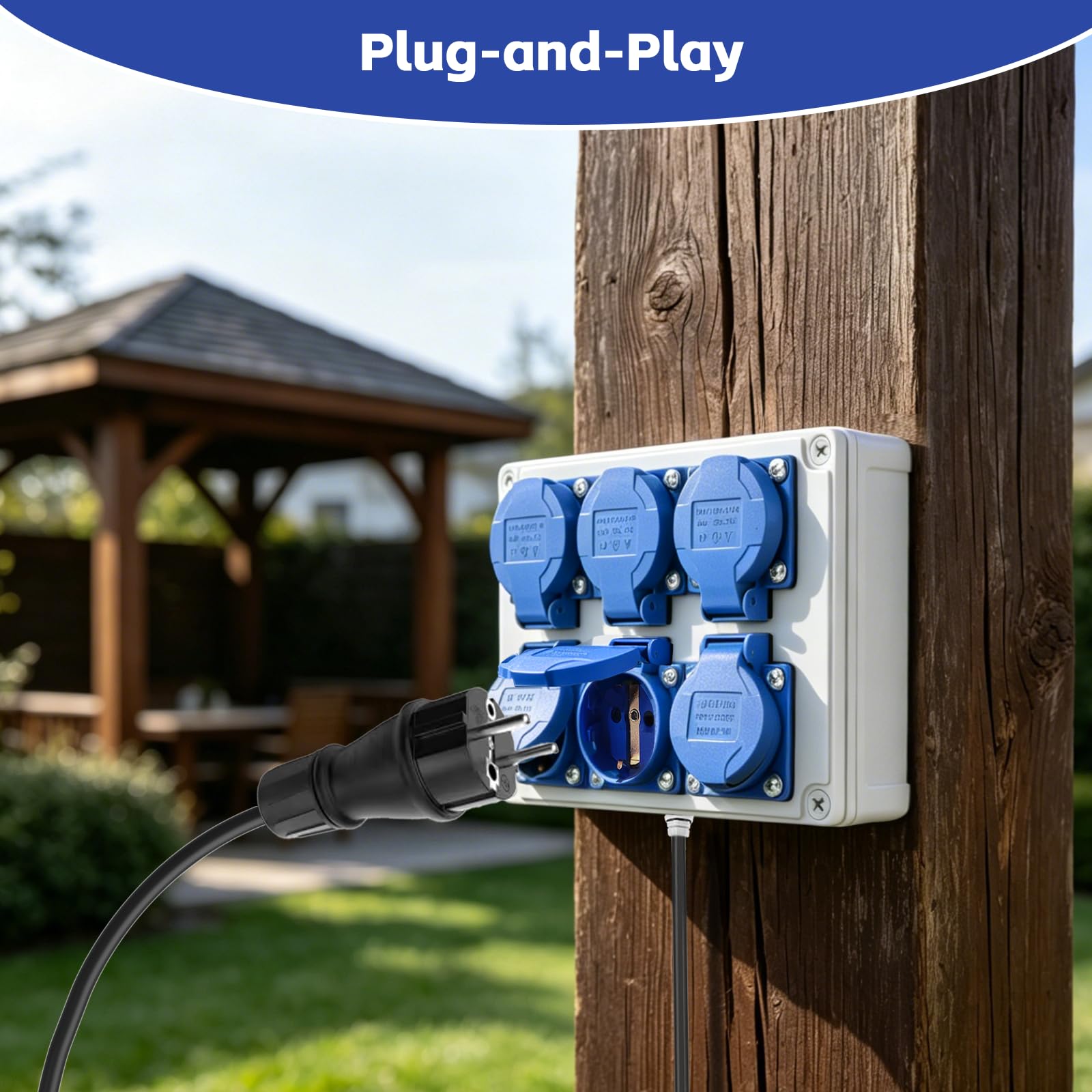 Distribuidor de corriente de pared con 6 enchufes Schuko de 230 V 16 A, precableado y carcasa resistente a los golpes, caja de distribución para taller, garaje y obra