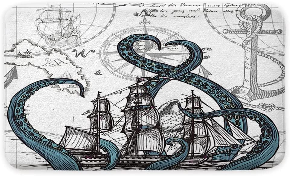 Alfombra de baño náutica, alfombra de baño de pulpo Kraken, alfombra de baño antideslizante, barco pirata y decoración de baño de ancla