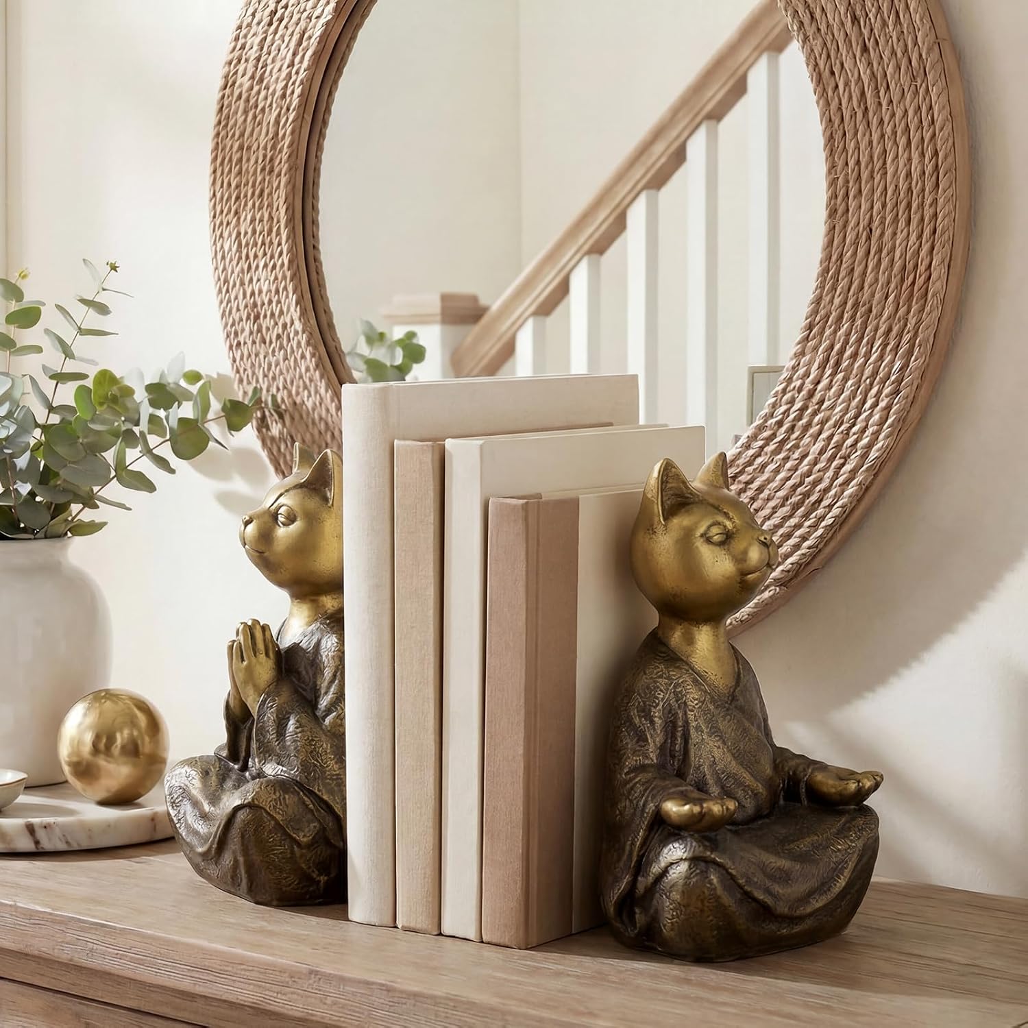 Meditating Cat Bookends, Zen Style Decorative Cat Statue Bookends, Heavy Resin Book Ends for Shelves, Desk & Home Decor (Gold) image 5