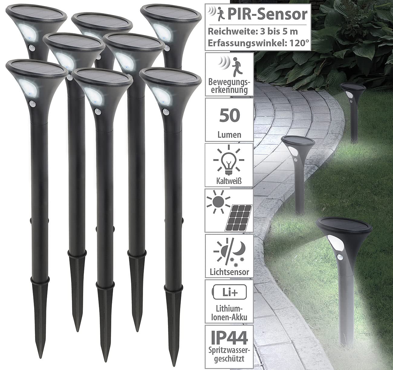Lunartec Solarleuchten Gehwege: 8er-Set Design-Solar-Wegeleuchten, Licht- & Bewegungssensor, kaltweiß (Solar-Wegeleuchte Bewegungsmelder, Sensor-Gartenleuchten, Alarm)
