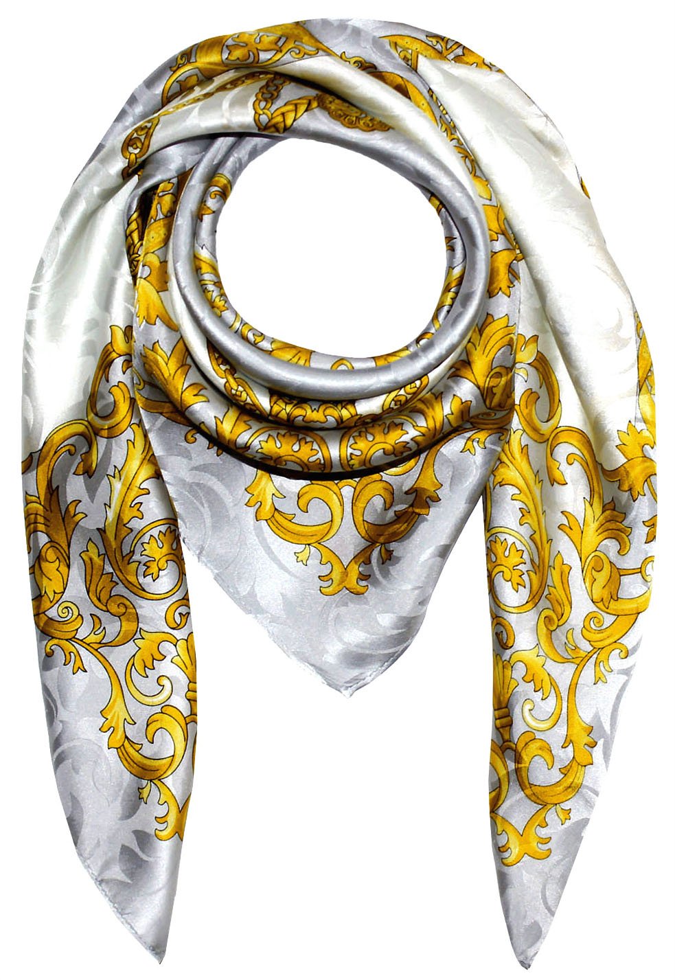 LORENZO CANA Foulard damas de 100% soie pour la femme – écharpe damas, carré avec les mesures de 88 x 88 cm - un bijou noble pour le printemps et l´été – brillant en argente gris blanc or