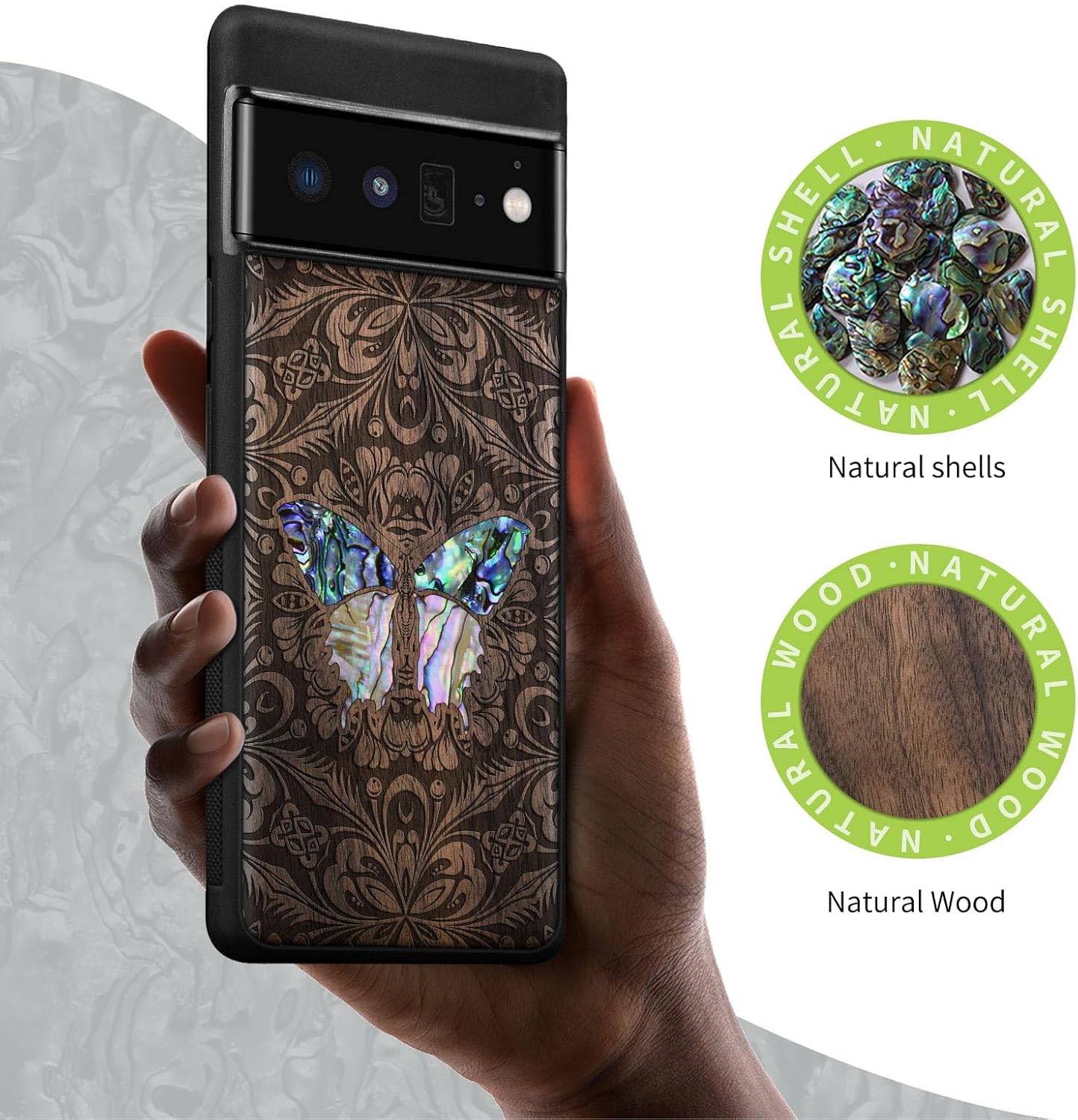 Carveit Designer Wooden Case for Google Pixel 6 Pro Case Cover [Wood Engraving & Shell Inlay] Compatible with Wireless Chargers Pixel 6 Pro (Baroque Butterfly-Walnut)