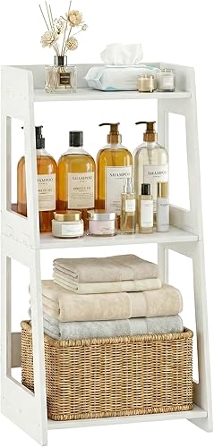 Miniatura 10 de Estante de escalera de baño de 3 niveles independiente, estantes de piso blancos, estantería abierta, mesita de noche pequeña para estudio en el