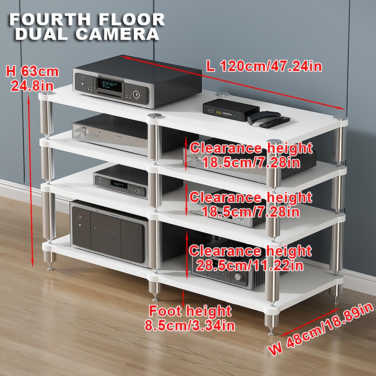Scaffale portatile da gioco a torre ideale per proiettori, lettori DVD, console di gioco e decoder via cavo, elegante supporto AV bianco (120 x 48 x 84 cm)