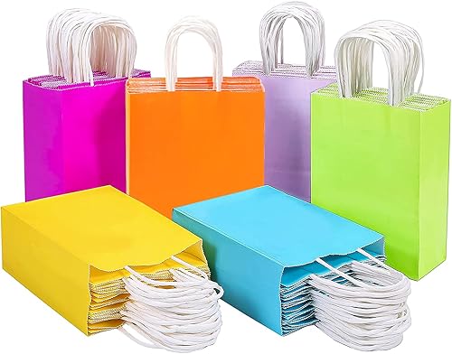 ECOptimize Bolsas de papel kraft con asas, 8 x 4 x 10.5 pulgadas, mezcla de colores claros, 30 unidades, bolsas de regalo de pulpa de madera