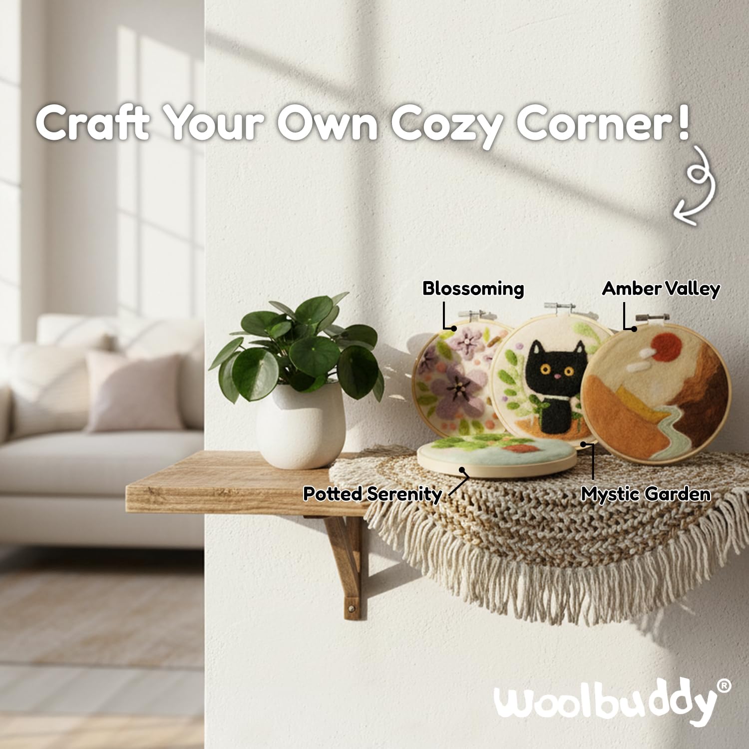 Woolbuddy Kits de iniciación de pintura con lana para manualidades creativas con 3 agujas de fieltro, espuma, fieltro de lana natural e instrucciones útiles (combinado)