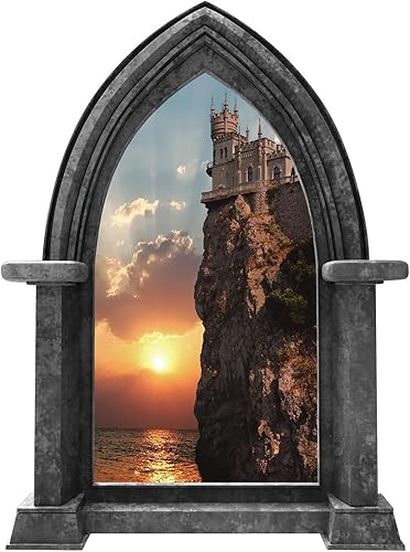 Adhesivo decorativo para pared de 36 pulgadas, diseño de castillo, diseño de acantilados en el borde del mar, puesta del sol # 1 de granito para