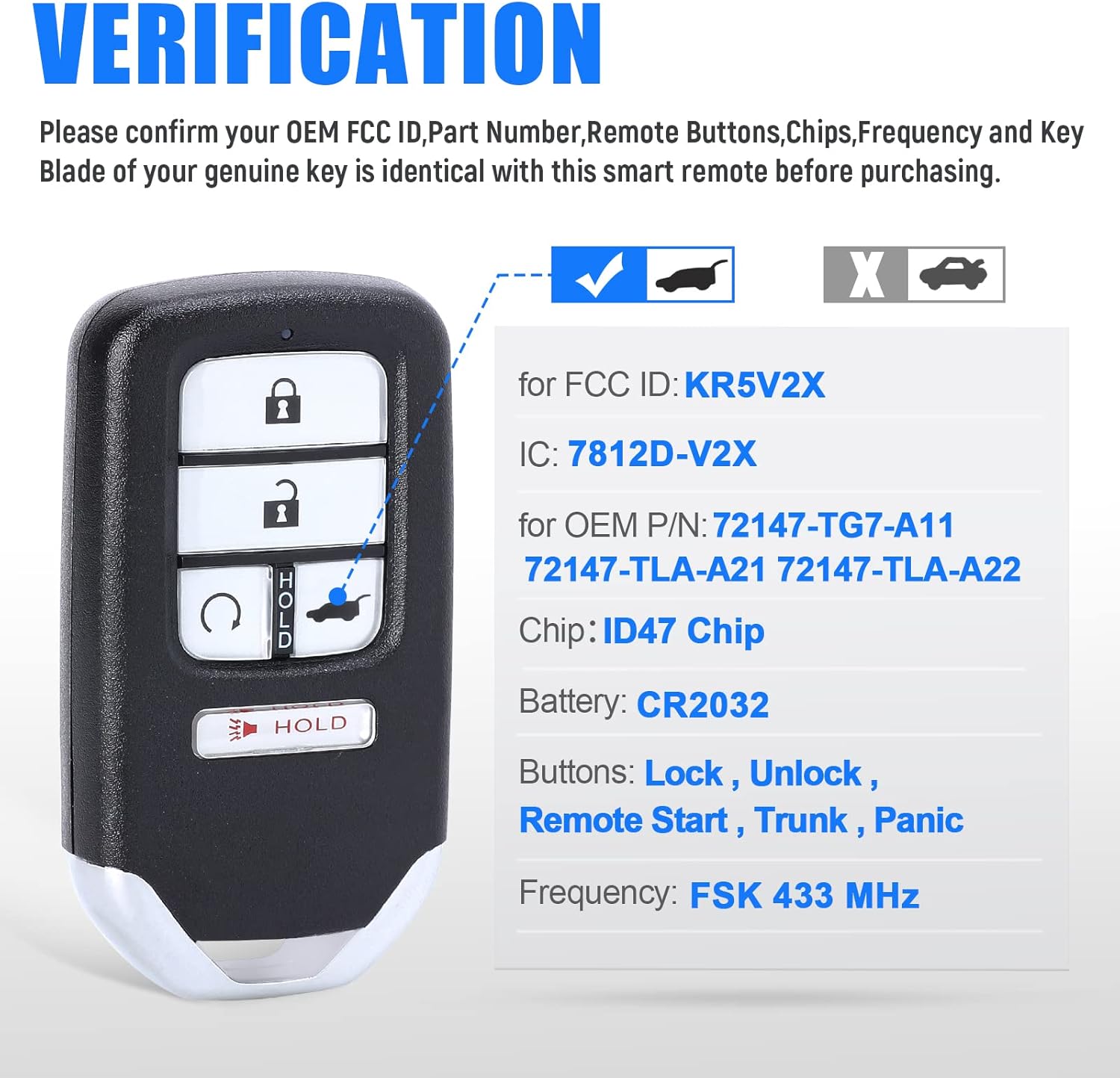 Keymall Smart Key Fob Keyless Entry Remote Start Replacement for Honda Pilot 2016-2018 for Civic CR-V 2017-2020 KR5V2X 5 Buttons 433 Mhz ID47 Chip