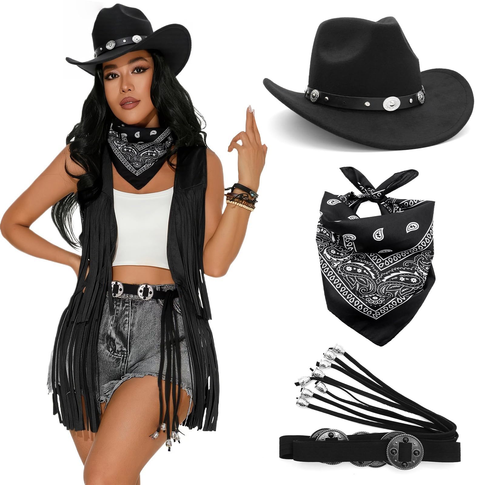 MICFENY 3Pcs Cowgirl Outfit Accessories Including Rodeos Hat Bandana For Wild Western Cosplay Event