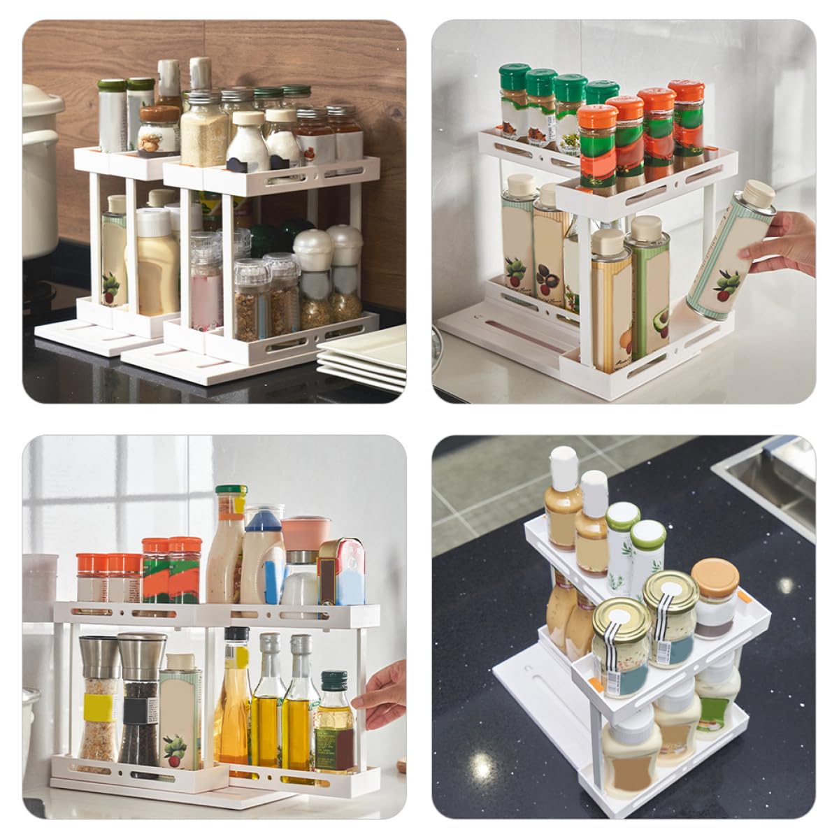 Organizador de Cocina Extraíble de 2 Niveles Blanco, Soporte Deslizante para Especias y Cosméticos, Estante Alto Multifuncional para Encimera y Almacenamiento bajo Fregadero,