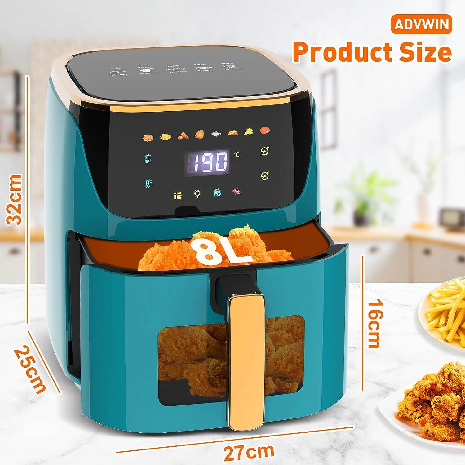 Diagram showing the dimensions of the ADVWIN Air Fryer: 32cm height, 25cm depth, 27cm width.