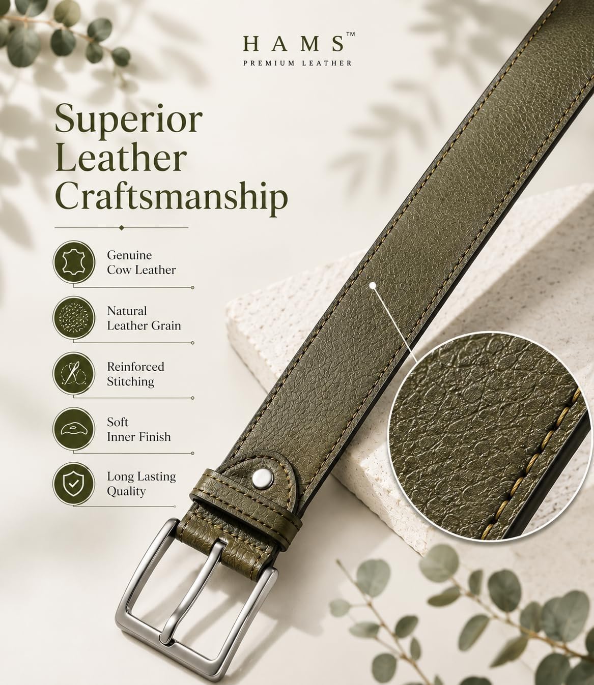 HAMS™ Cinturón de Cuero Genuino para Hombre, Verde Oliva | Cuero de Vaca 100%, Hebilla de Metal Plateado, Costura Artesanal, Acabado de Borde Liso, Uso Diario Cómodo