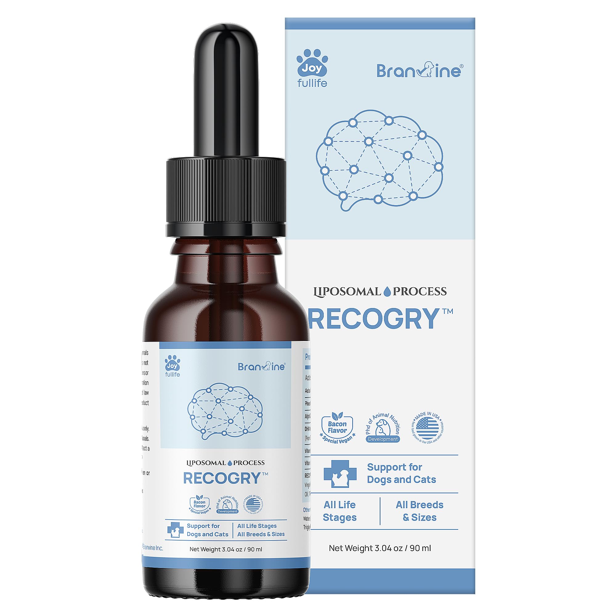 Branvine Recogry Liquid Cognitive Disorder and Brain Support for Dogs and Cats with Astaxanthin, Phosphatidylserine, Alpha GPC, DHA, Olive, Coconut,
