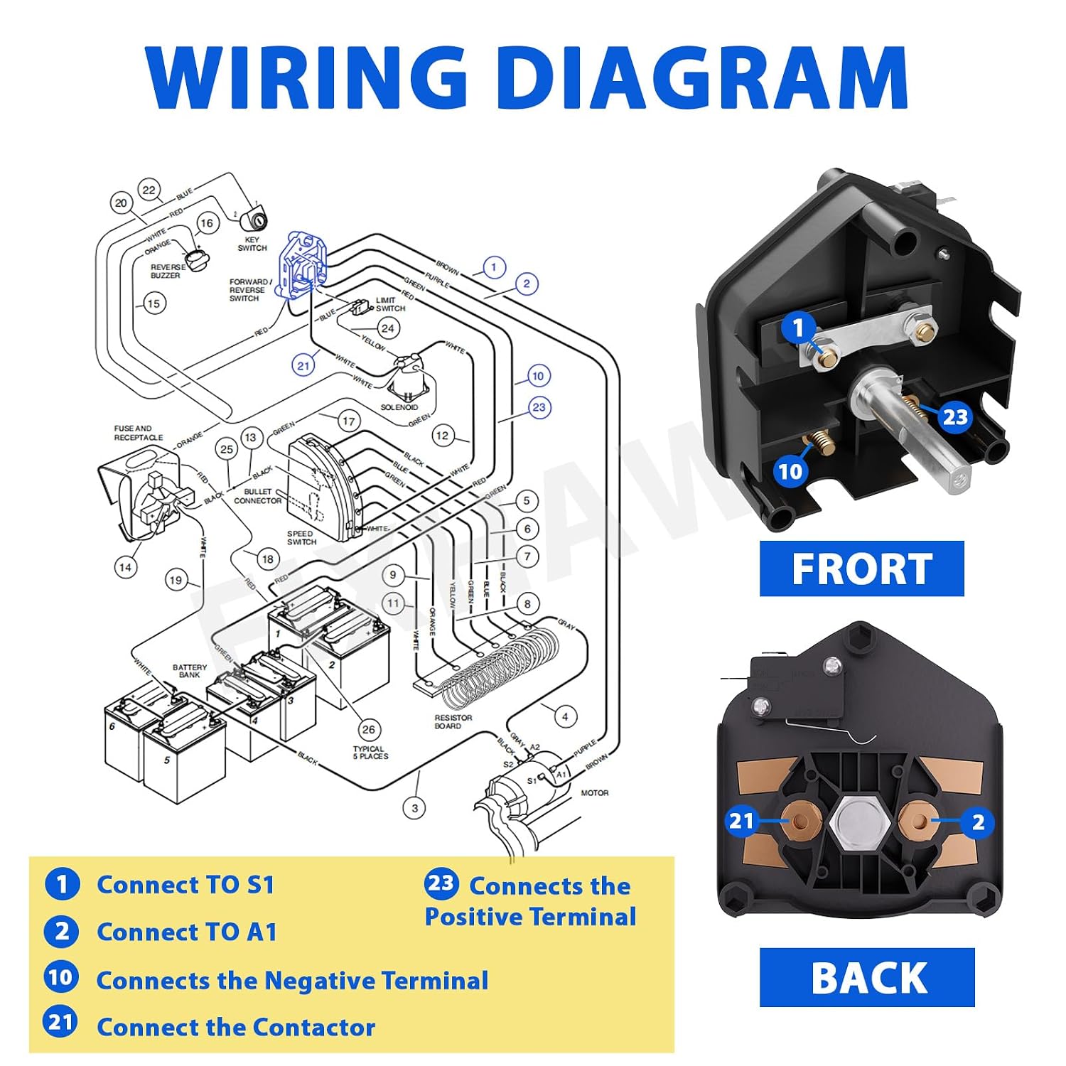 Club Car DS 36 Volt Forward and Reverse Switch with Handle for 1983-Up Club Car DS Golf Cart, Replace OEM#1011997 101753003
