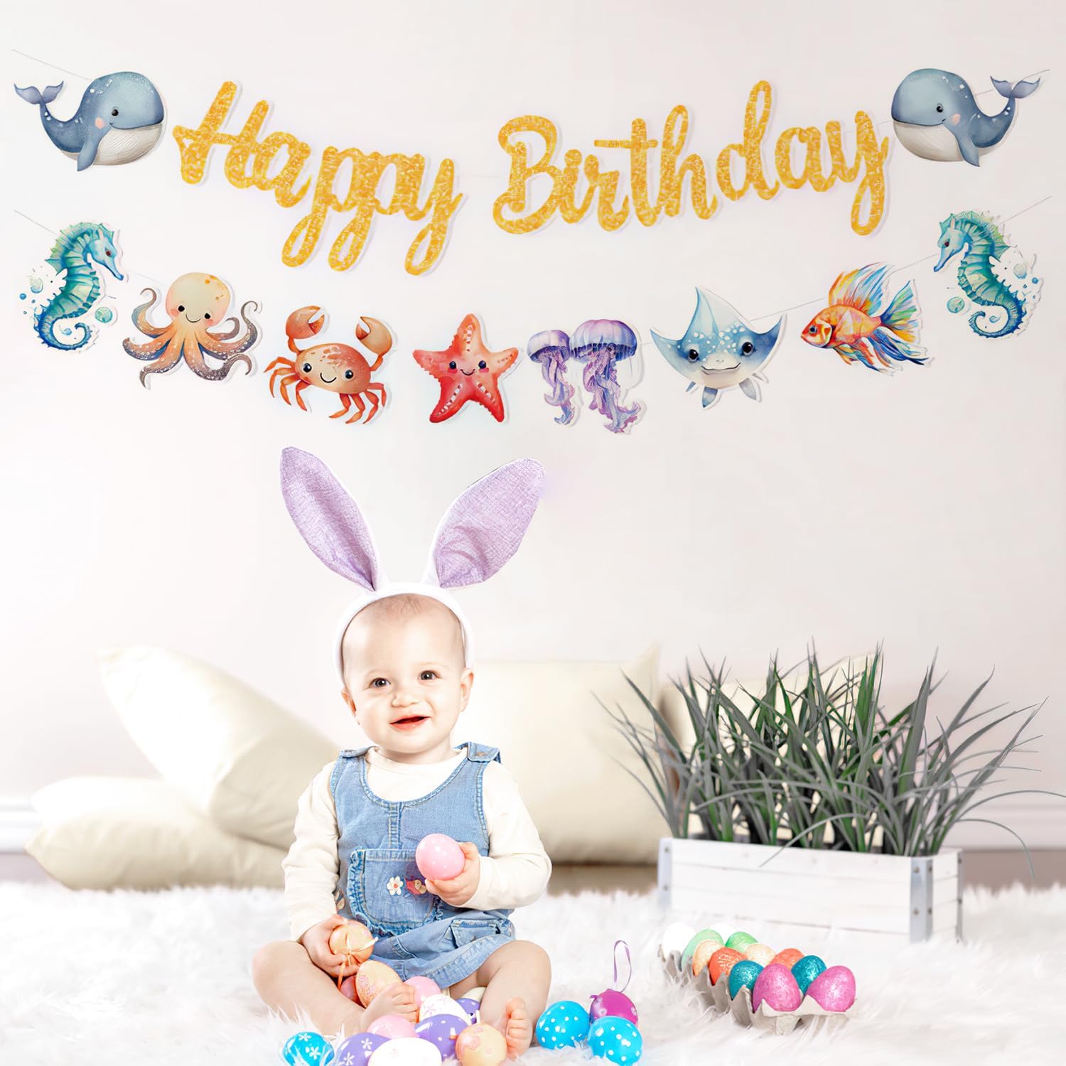 Ocean Animals Happy Birthday Banner Sea Animal Happy Birthday Sign Patry Decorations for Kids Under Sea Party Supplies