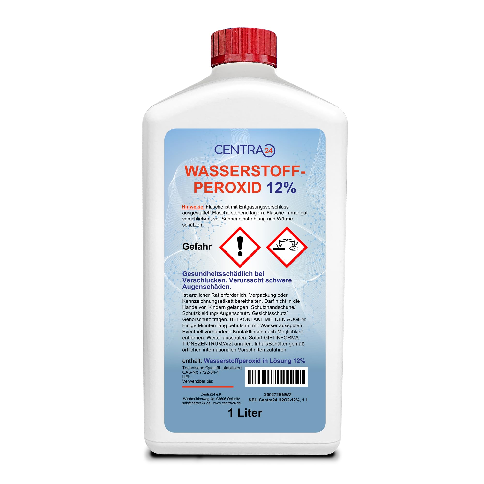 Centra24 Wasserstoffperoxid 12%, 1 Liter, Immer Frisch, technisch, Oxydator im Teich, Aquarium, Reinigung, Bleichen, Beizen, stabilisiert