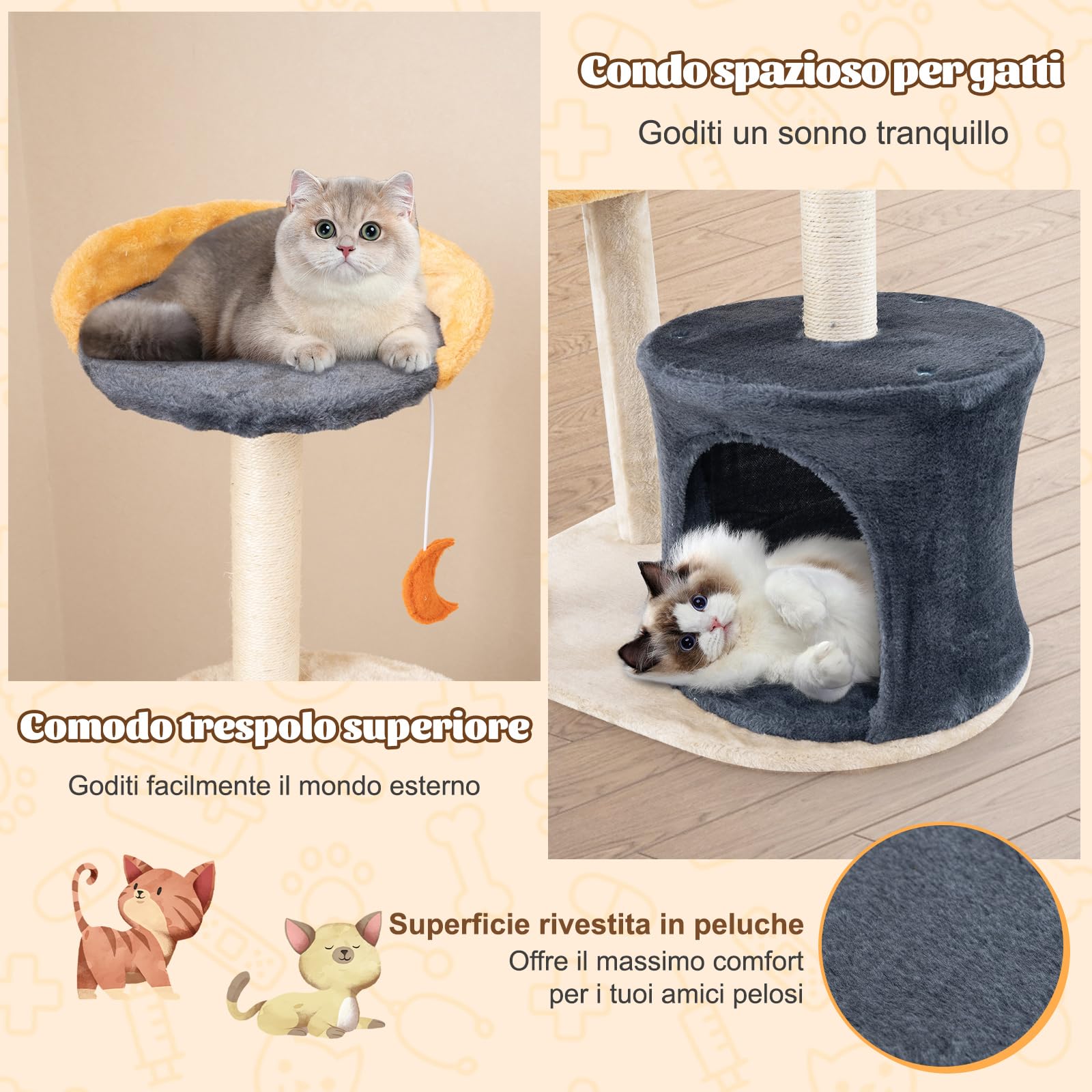 GYMAX Albero per Gatti, Torre Multilivello con Tiragraffi, Pannelli Tiragraffi a Forma di Stella e Luna, Torre per Arrampicata in Morbido Peluche con Piattaforma Superiore, Condominio per Gatti
