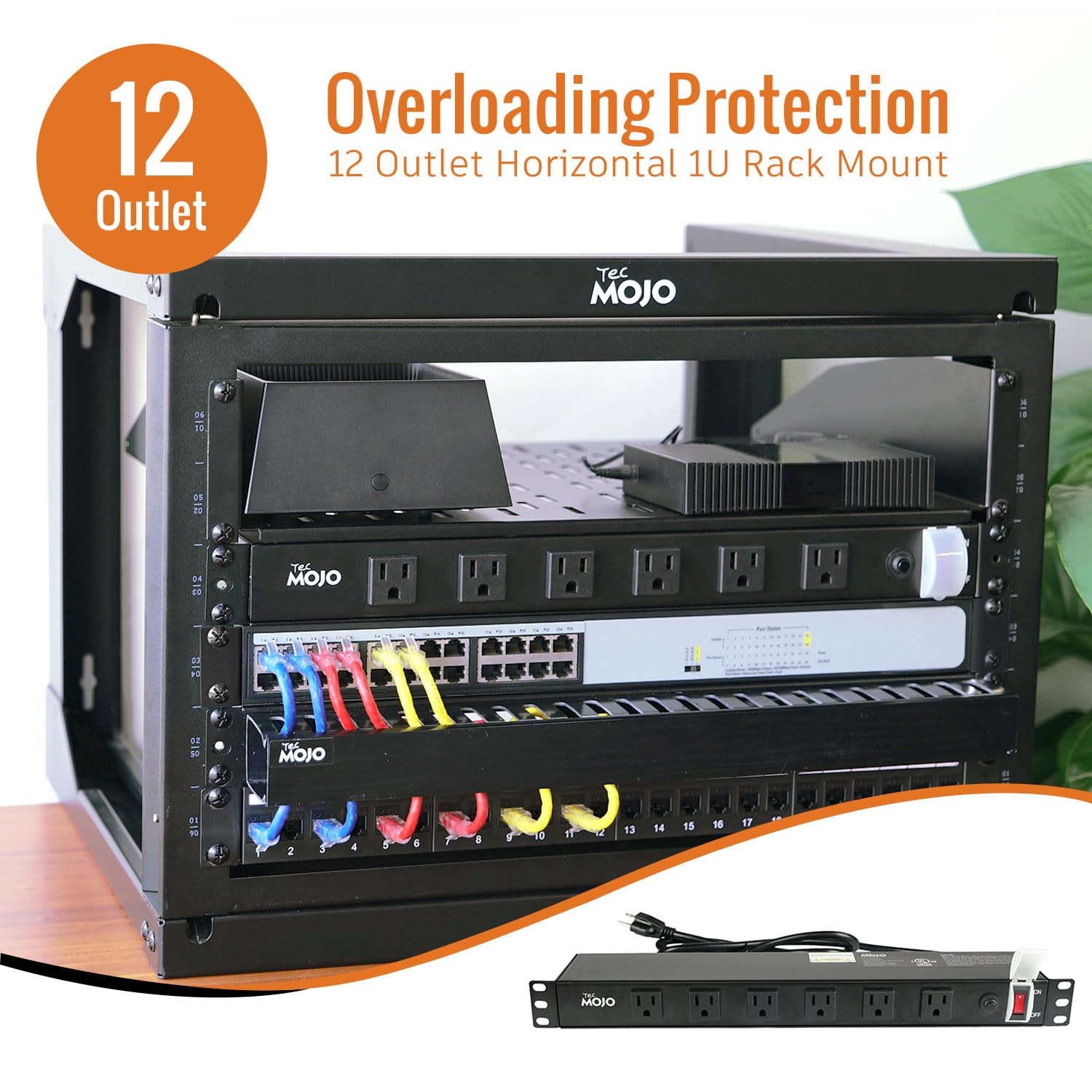 Tecmojo - Fuente de alimentación PDU de calidad de red 1U, 12 enchufes en ángulo recto de gran espacio, disyuntor de 12 A (certificado UL 12 A), cable de 1,8 m con enchufe 5-15P