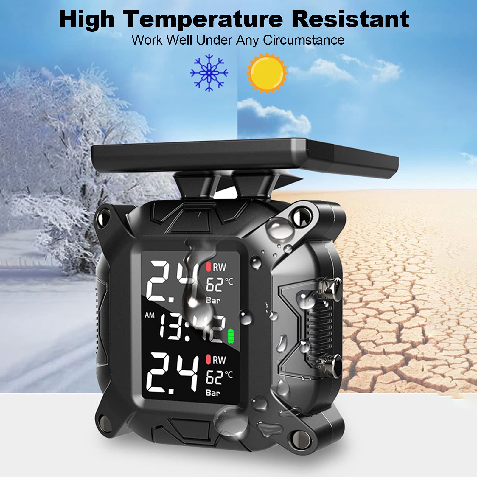 HUIOP Sistema di monitoraggio della Pressione dei Pneumatici,Sistema di monitoraggio della Pressione dei Pneumatici TPMS per motocicli Ricarica Solare Wireless IP67 Impermeabile con 2 sensori Esterni