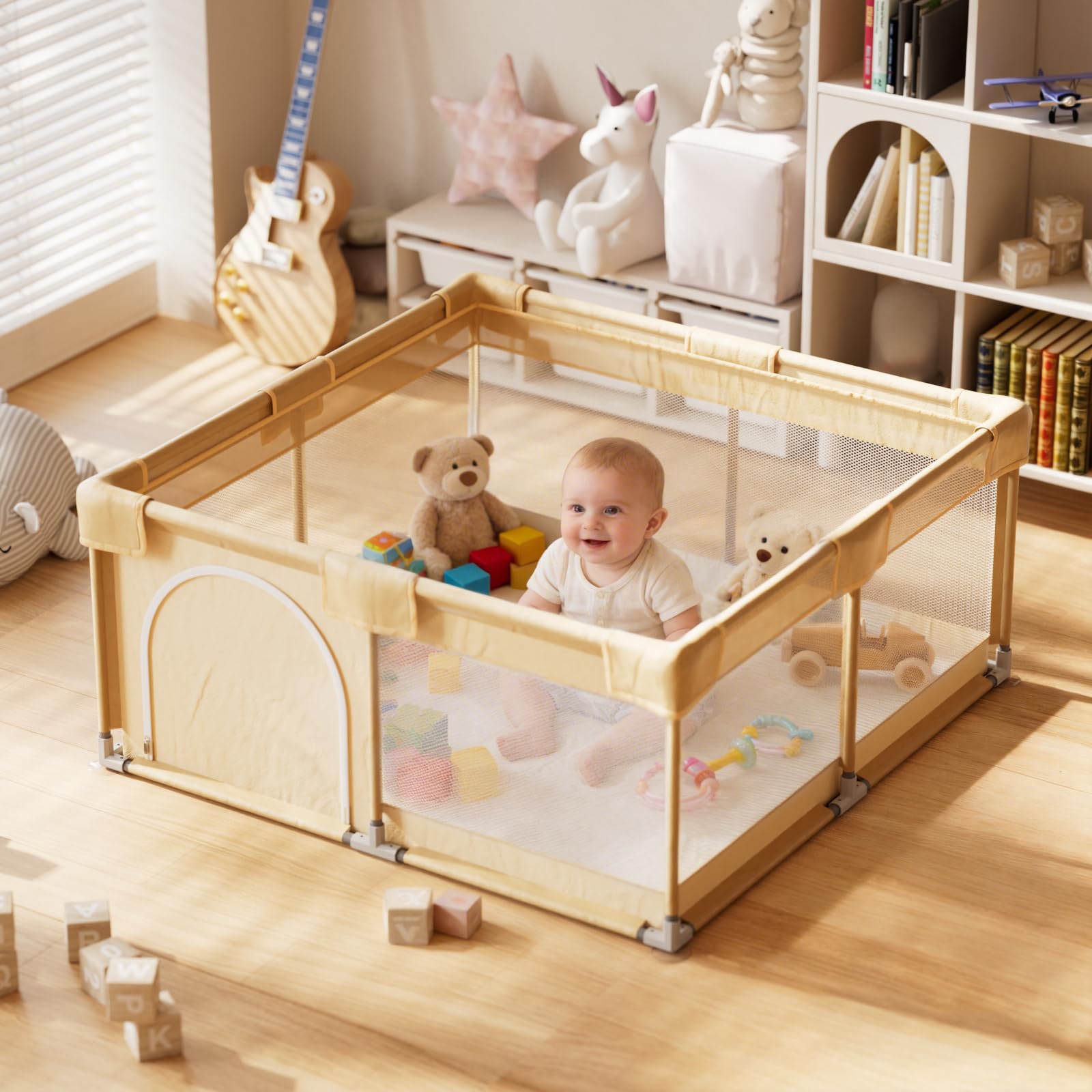 Koonmi Parc pliable pour bébé - 150 x 150 cm - Beige | Filet respirant avec tissu et ventouses, aire de jeu pliable pour bébés et tout-petits, intérieur et extérieur