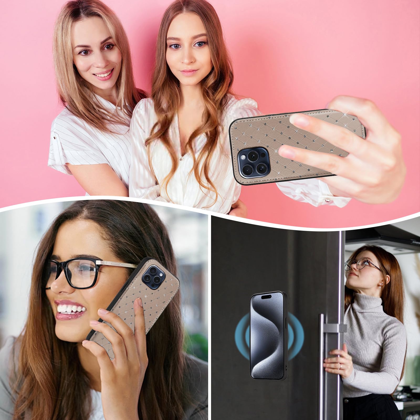 Custodia per iPhone 15 Pro Max da 6,7 pollici, con cerniera, custodia rimovibile con pellicola protettiva per lo schermo, tracolla con cordino glitterato porta carte di credito i Phone15 15Pro i15