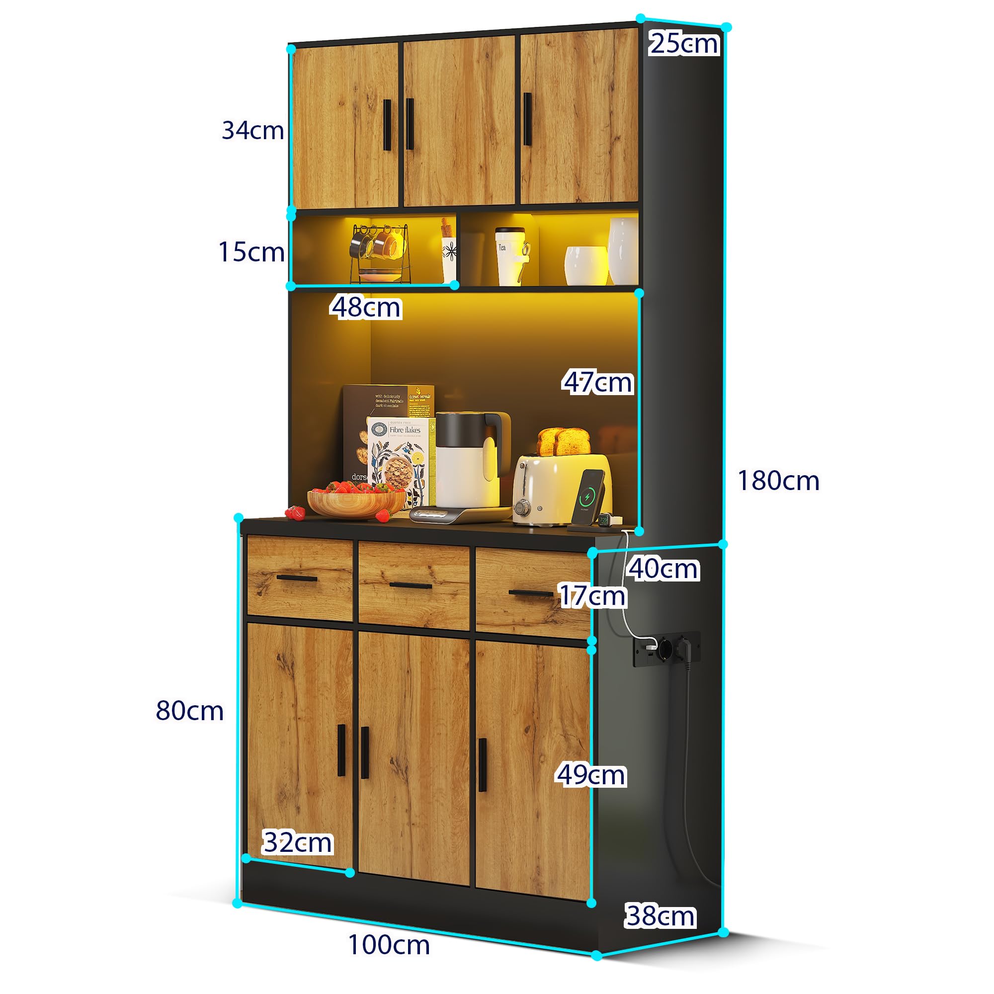 Buffet multifonction 100 x 40 x 180 cm avec éclairage LED, télécommande, prise et ports USB, étagères et tiroirs réglables, idéal pour les cuisines et les salles à manger, noir + naturel A