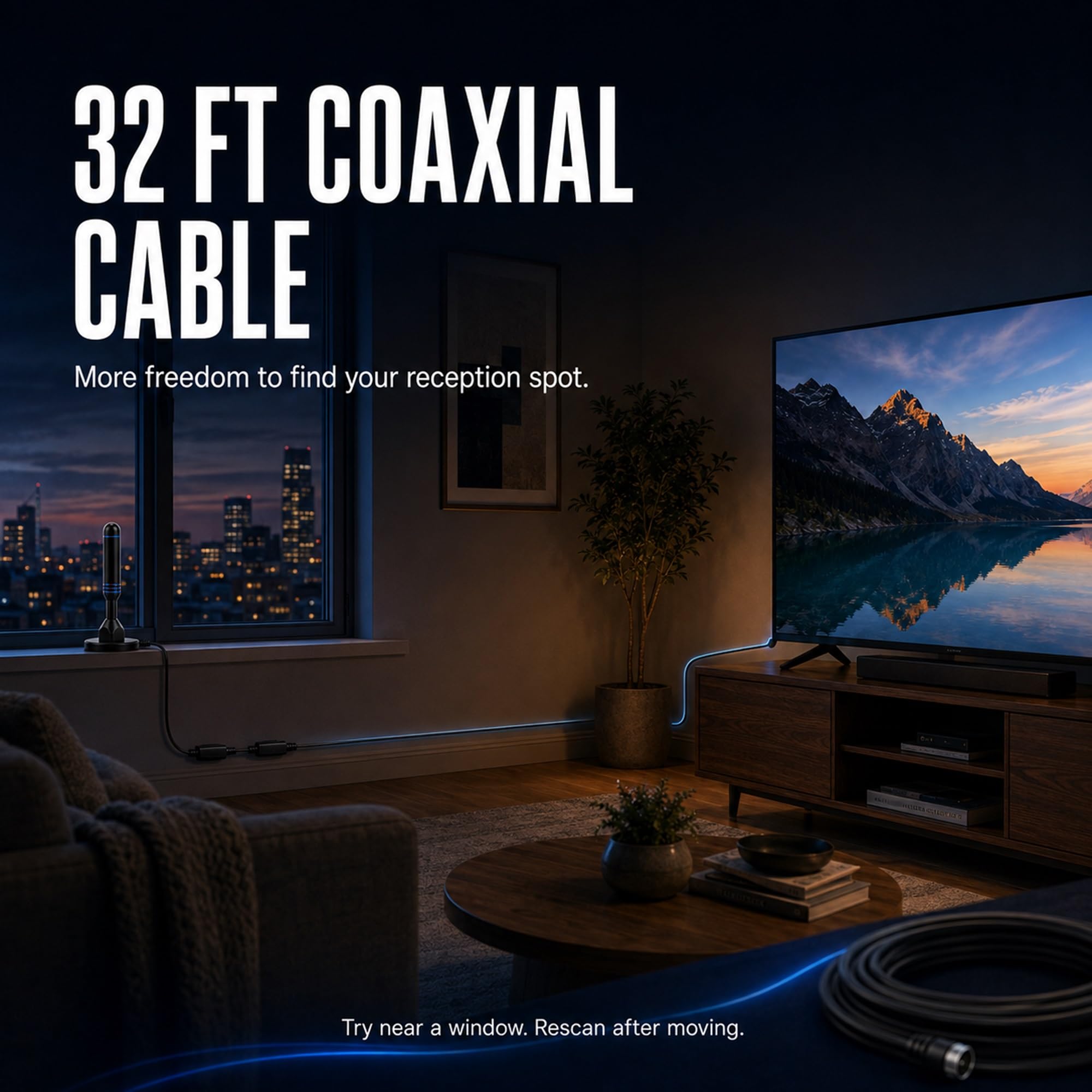 Antenne TV d'intérieur pour Smart TV avec 2 amplificateurs de signal pour tous les téléviseurs intelligents, antenne numérique HD pour chaînes locales, prend en charge 4K 1080p (bleu)