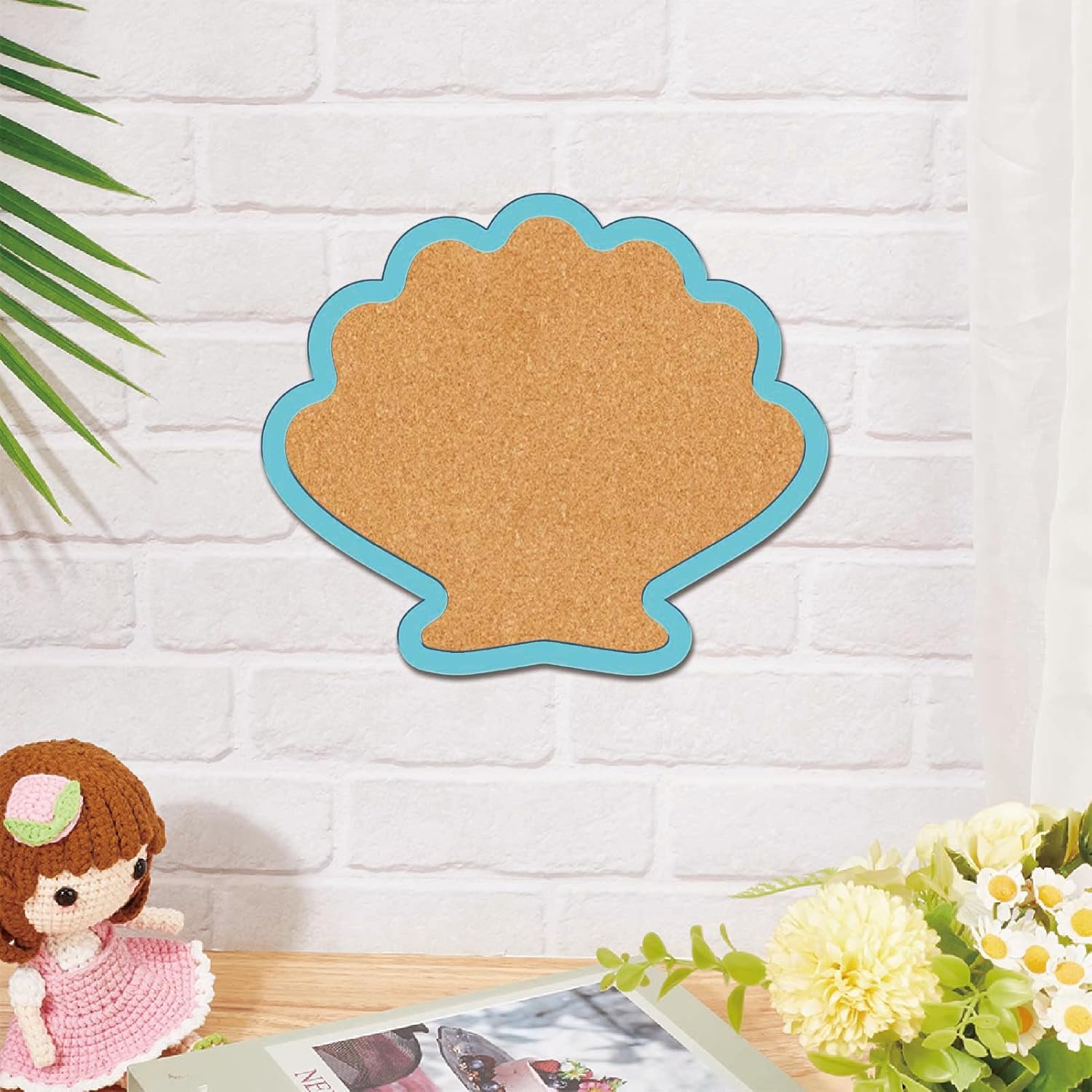 CRASPIRE Shell Pin Display Cork Board 9.8 X 8.5 Inch Wall Mounted Blue Frame Bulletin Boards Badge Wooden Decorative Memory Memo Brooch Lapel Pins Holder Storage for Home Office Bedroom Decoration
