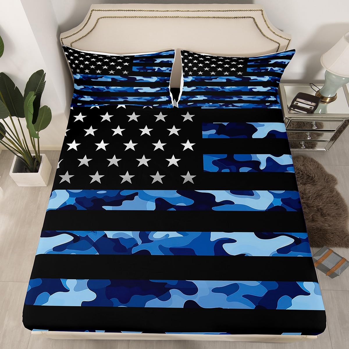 Kids Blue Camo American Flag Full Size Fitted Sheet,Camouflage Stars Stripes USA Flag Deep Pocket Bed Cover for Kids Boys,Navy Blue Black Bed Mattress