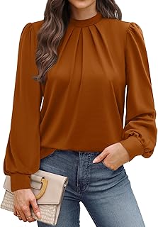 2025 Fashion Mock Neck Pleated Front Blouse - Dressy Casual Long Sleeve Top