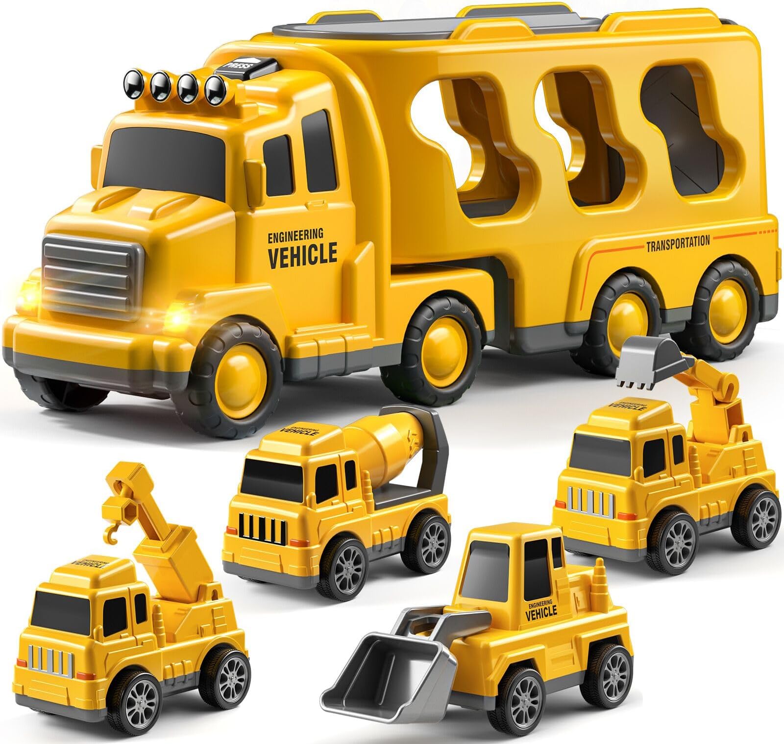TEMI Toddler Truck Toys for 3 4 5 6 Year Old Girls - 5-in-1 Friction Power Vehicle Car Toy for Toddlers 1-3, Carrier Truck Toys for Kids 3-5, Christmas Birthday Gifts for Girls Age 3-9