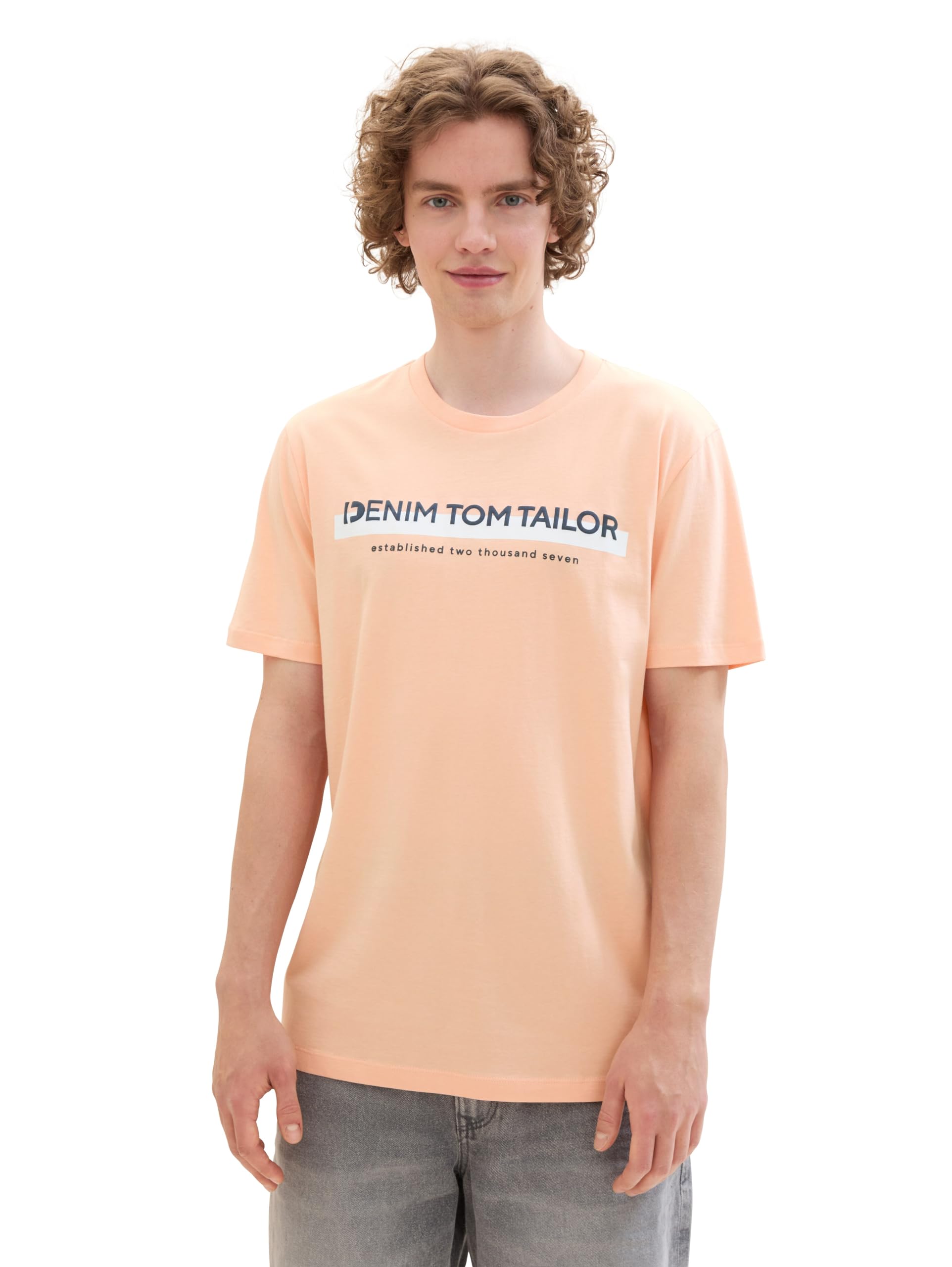 TOM TAILOR Denim Men's Slim Fit Cotton Logo Print T-Shirt, 29381 - Light Apricot, XS