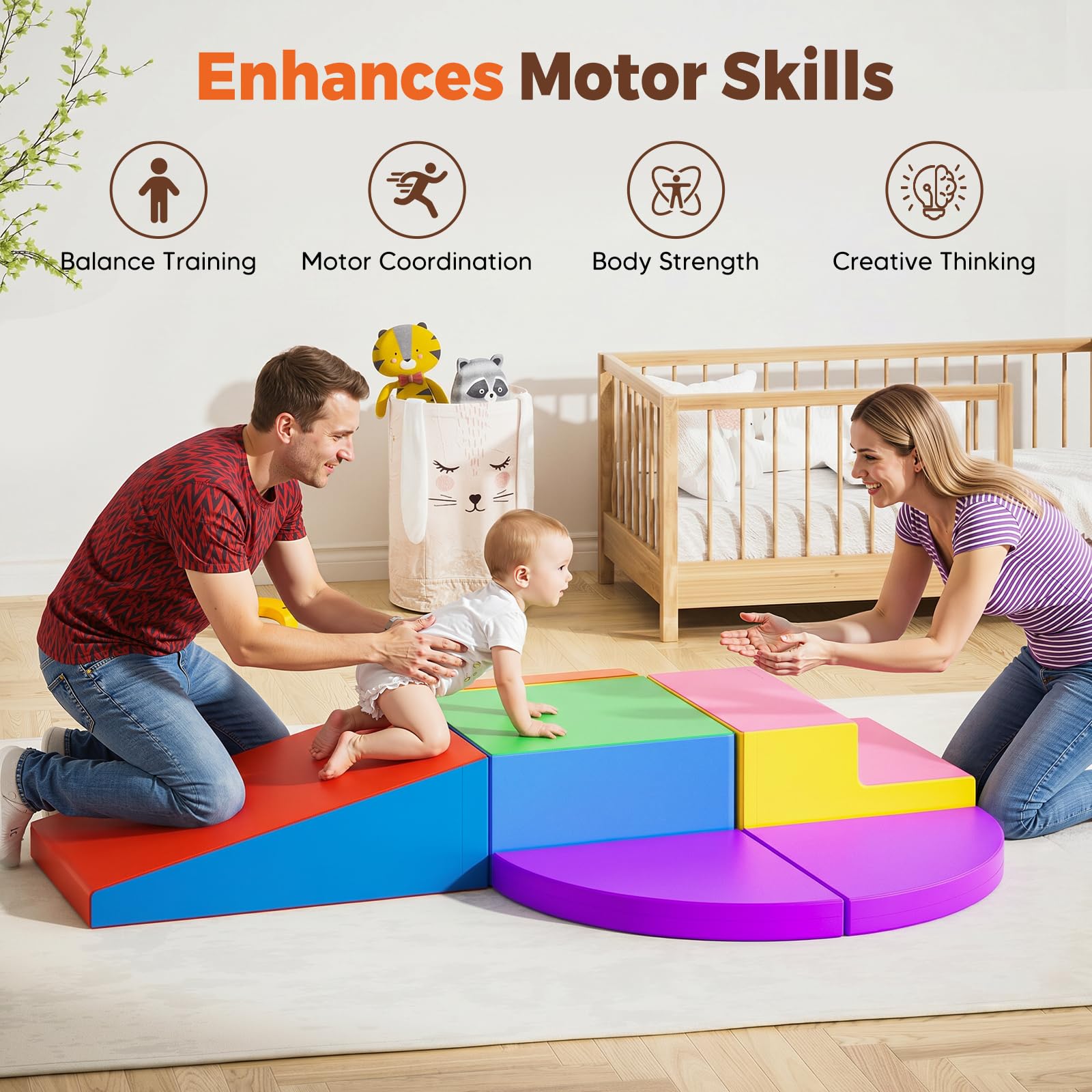 Parcours motricité bébé,6 Pièces Module Motricité Enfant Cuir PU Blocs Mousse Éducatifs - EPE Jouets Descalade Bébé Structure d'escalade Antidérapante - 4