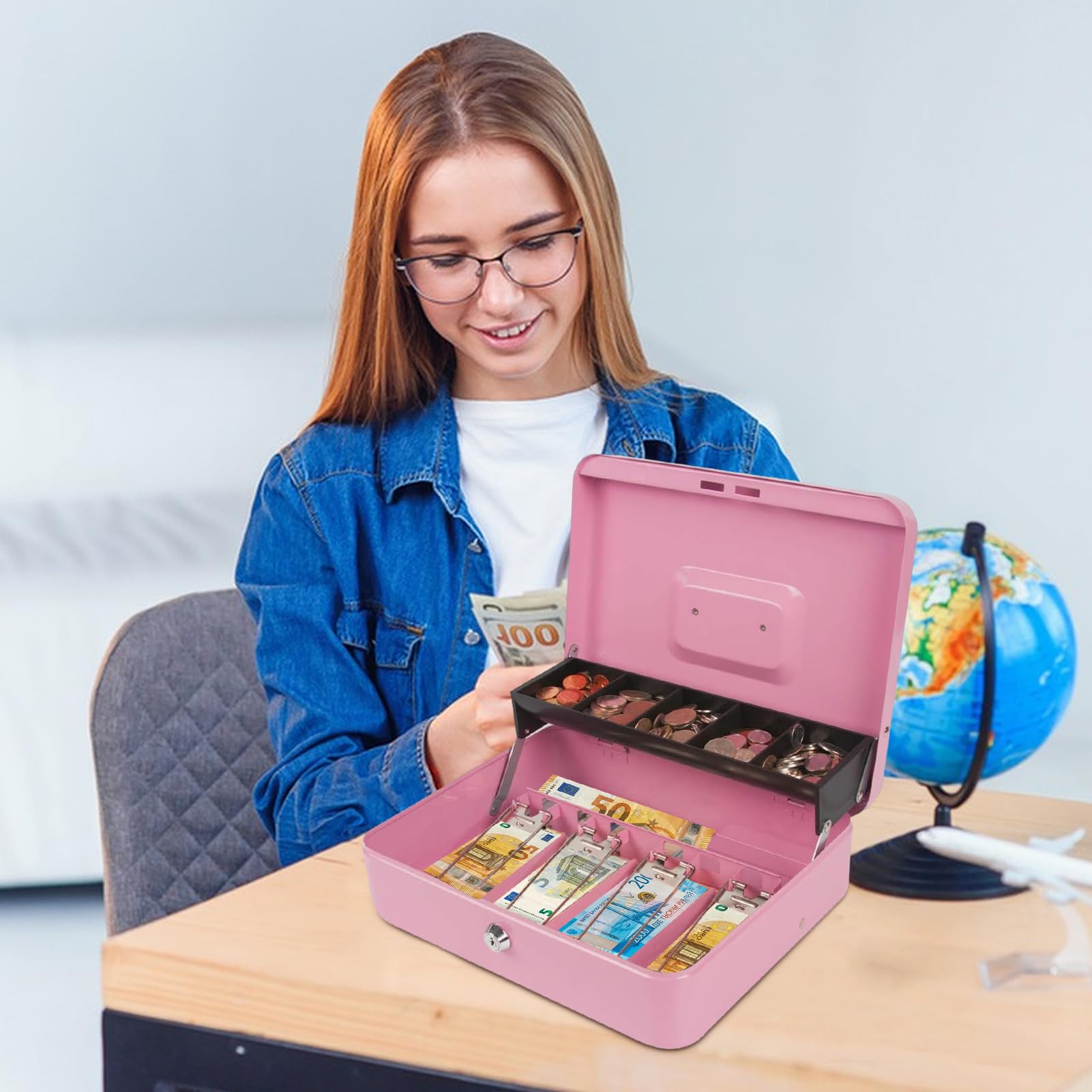 Cajón de efectivo, de dinero con cerradura, 4 compartimentos para | billetes/5 compartimentos para monedas, carcasa de metal, hucha con llave, registradora pequeña, cajón, de dinero c