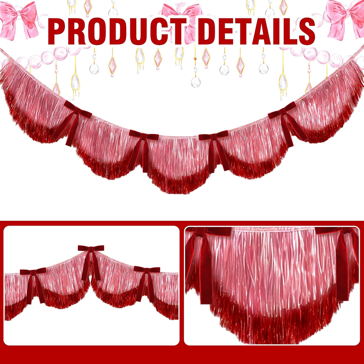 FYSUIMU 6.6 Ft Pink Red Scalloped Banner with Red Velvet Bows Hanging Layered Sparkly Fringe Garland She's Ready to Pop for Mother's Day Birthday Bridal Shower Wedding Party Backdrop Decor