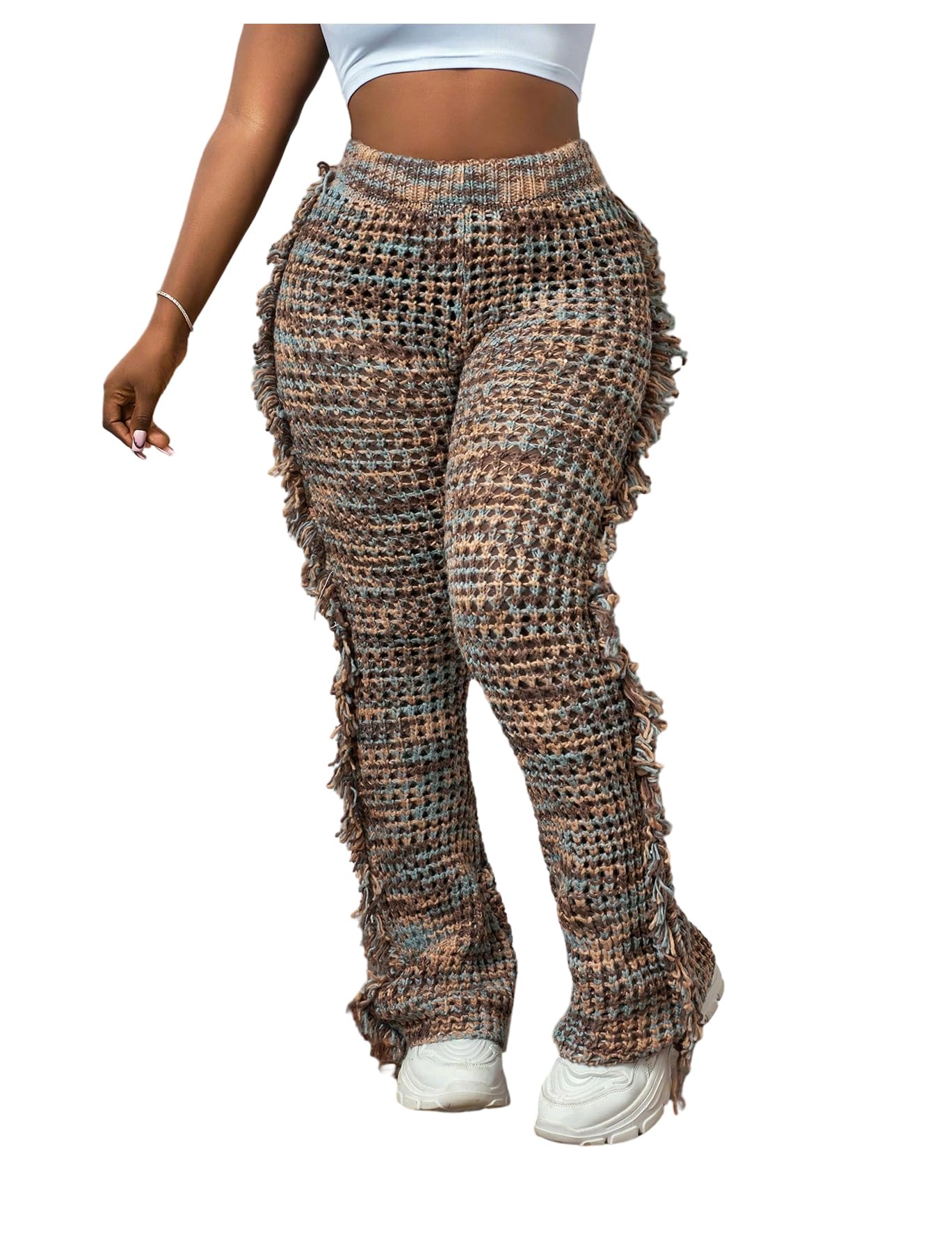 Verdusa Womens Y2K Fringe Boho Knit Flared Pants Elastic Waist Bell Bottoms Fitted Trousers