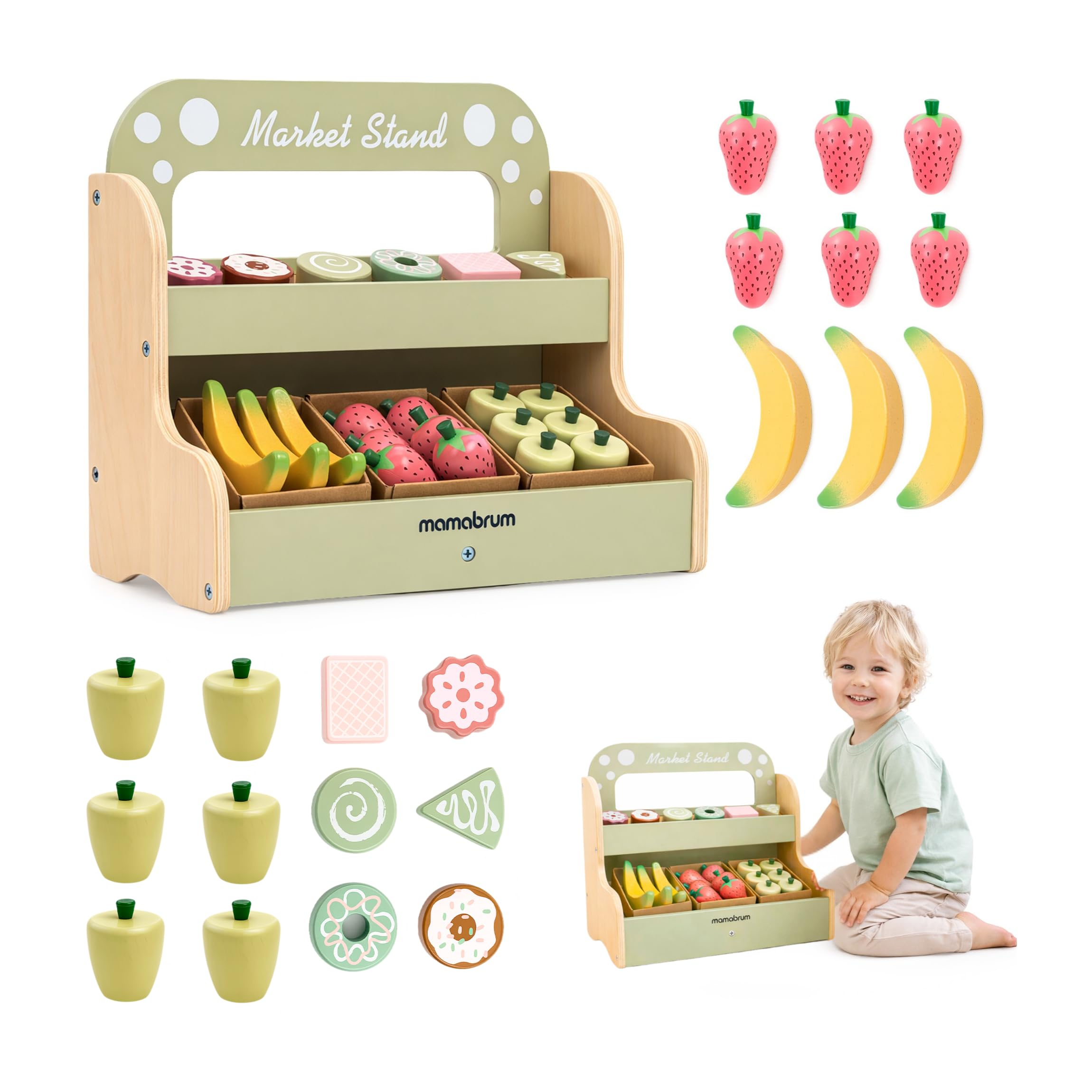 Mamabrum Holz Kinderladen Marktstand Zweistöckig Tragbar 24-Teiliges Set Obst und Dessert Rollenspiel Spielzeug für Kinder ab 24 Monaten, 17,9 x 32,0 x 27,4 cm