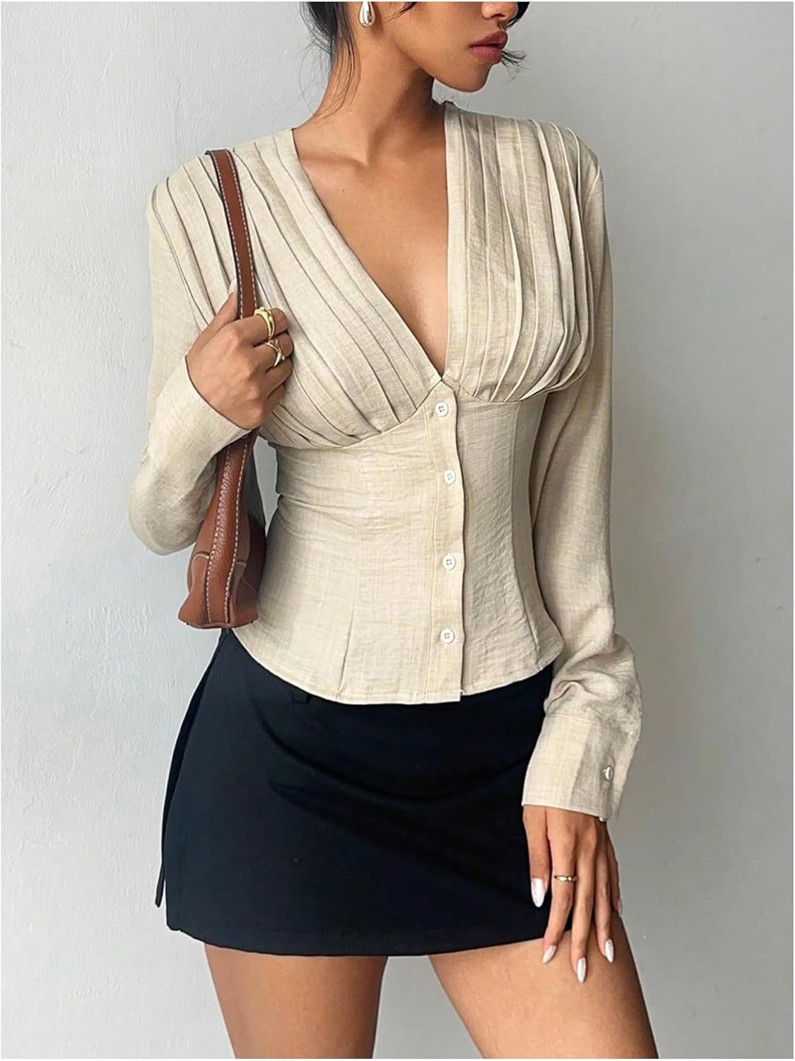 SweatyRocks Women's Deep V Neck Pleated Button Down Shirts Long Sleeve Fitted Going Out Collared Blouse Top - Image 2