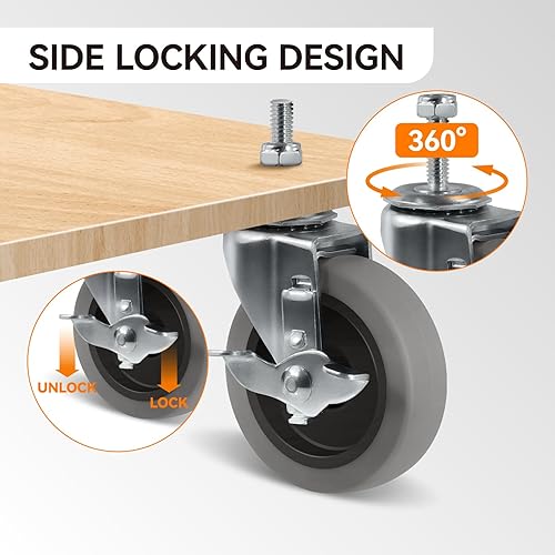 Miniatura 76 de Ruedas giratorias de 3.5 pulgadas, ruedas giratorias resistentes con freno, capacidad de carga de 1000 libras en total (2 frenos y 2 giratorios)