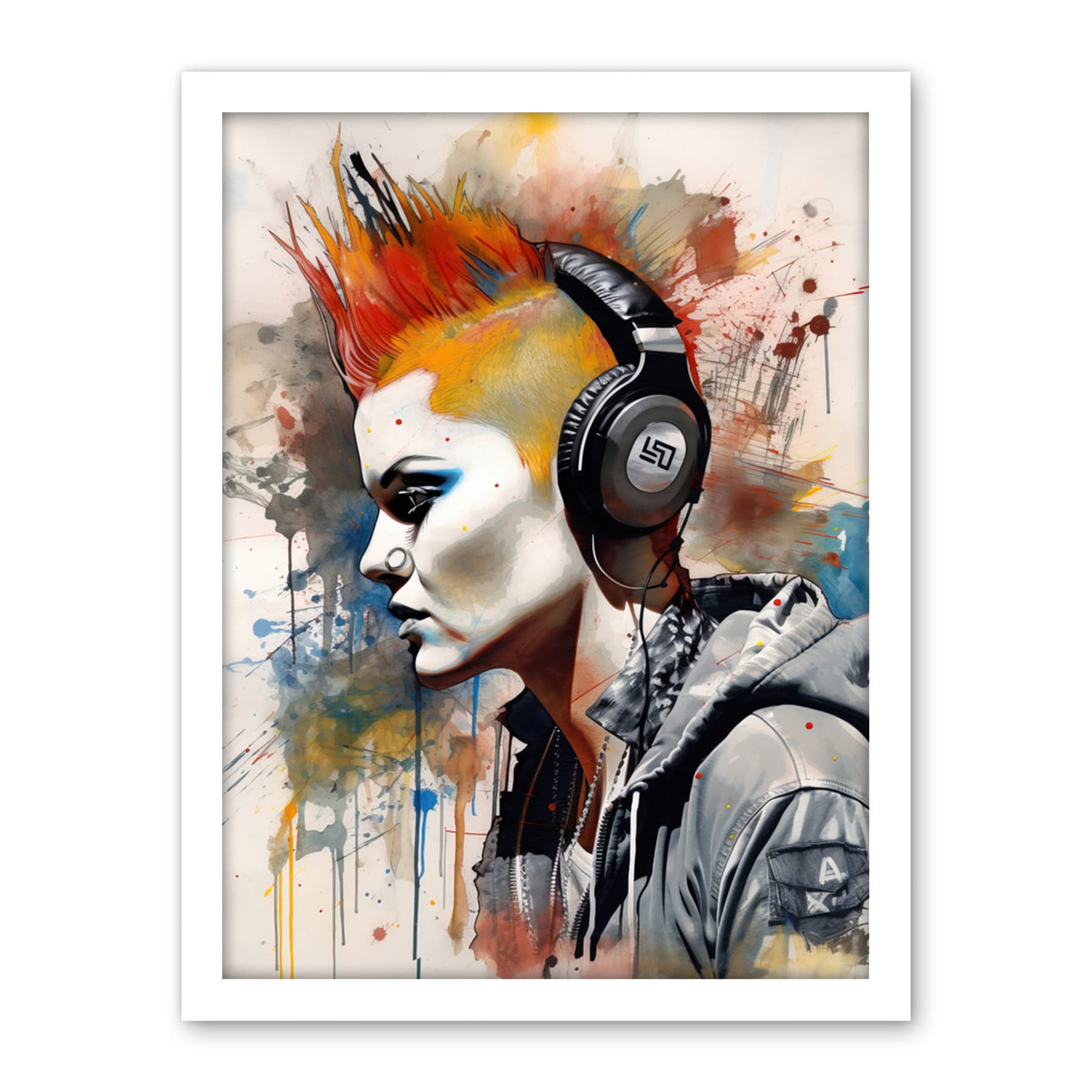 Artery8 Edgy Young Punk Woman with Red Mohawk and Headphones Listening to Music Modern Watercolour Painting Artwork Framed Wall Art Print 18X24 Inch