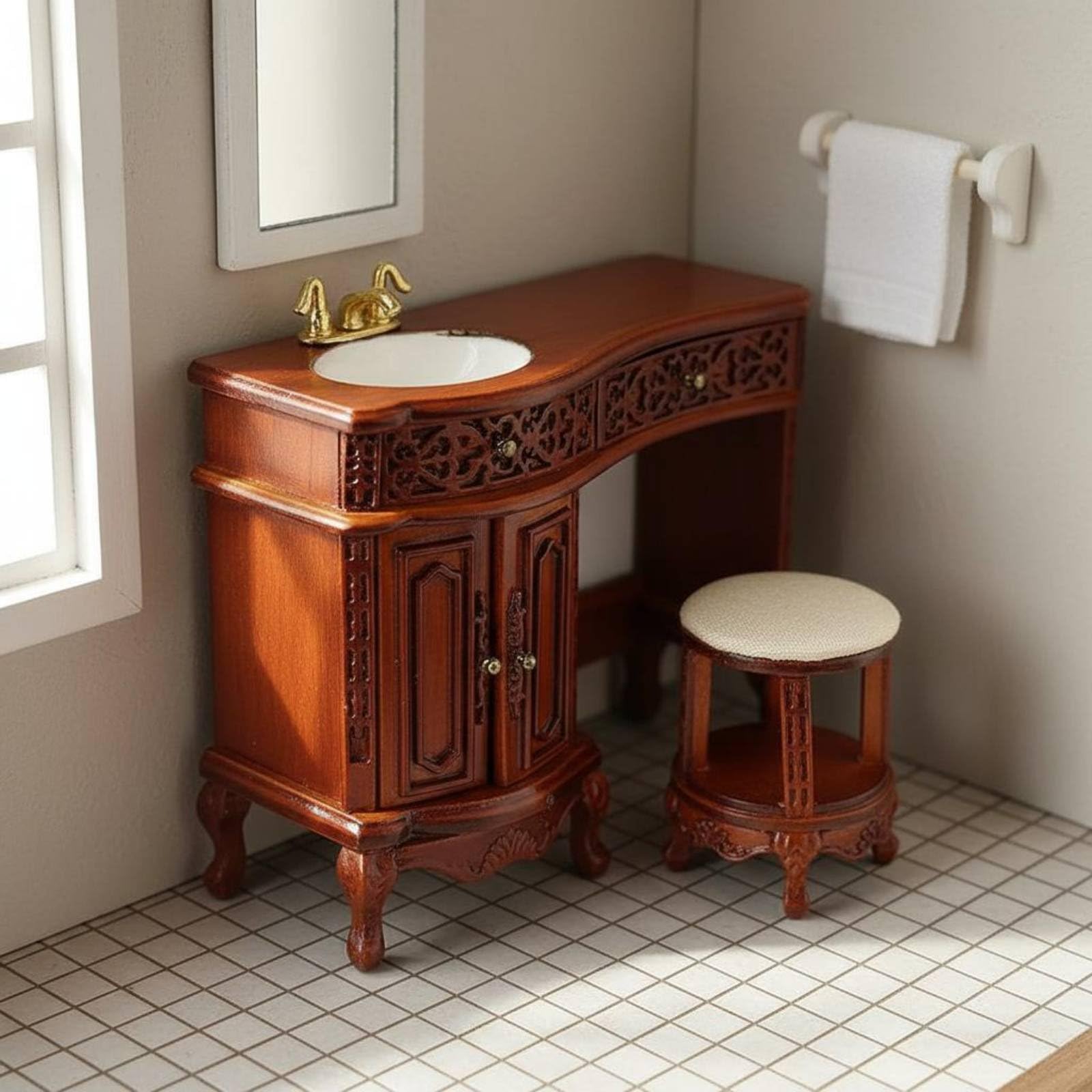 Toeletta in Miniatura per Casa Delle Bambole Toeletta Sgabello Mobile Lavabo Specchiera Legno Lucidato con Rubinetto Finiture Europee Cassetto