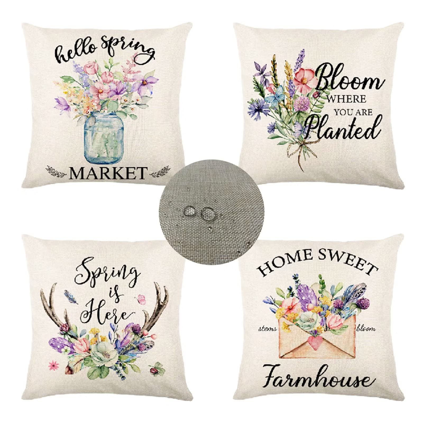 Housse de Coussin 65x65 Automne Housse Coussin Decoratif Lin Imperméable Taie Oreiller Bleu Coussins Canape Decoratifs Vase L'été Housse Coussin Exterieur,pour Chambre,Canapé,Chaise,Lit,Jardin JW-5829