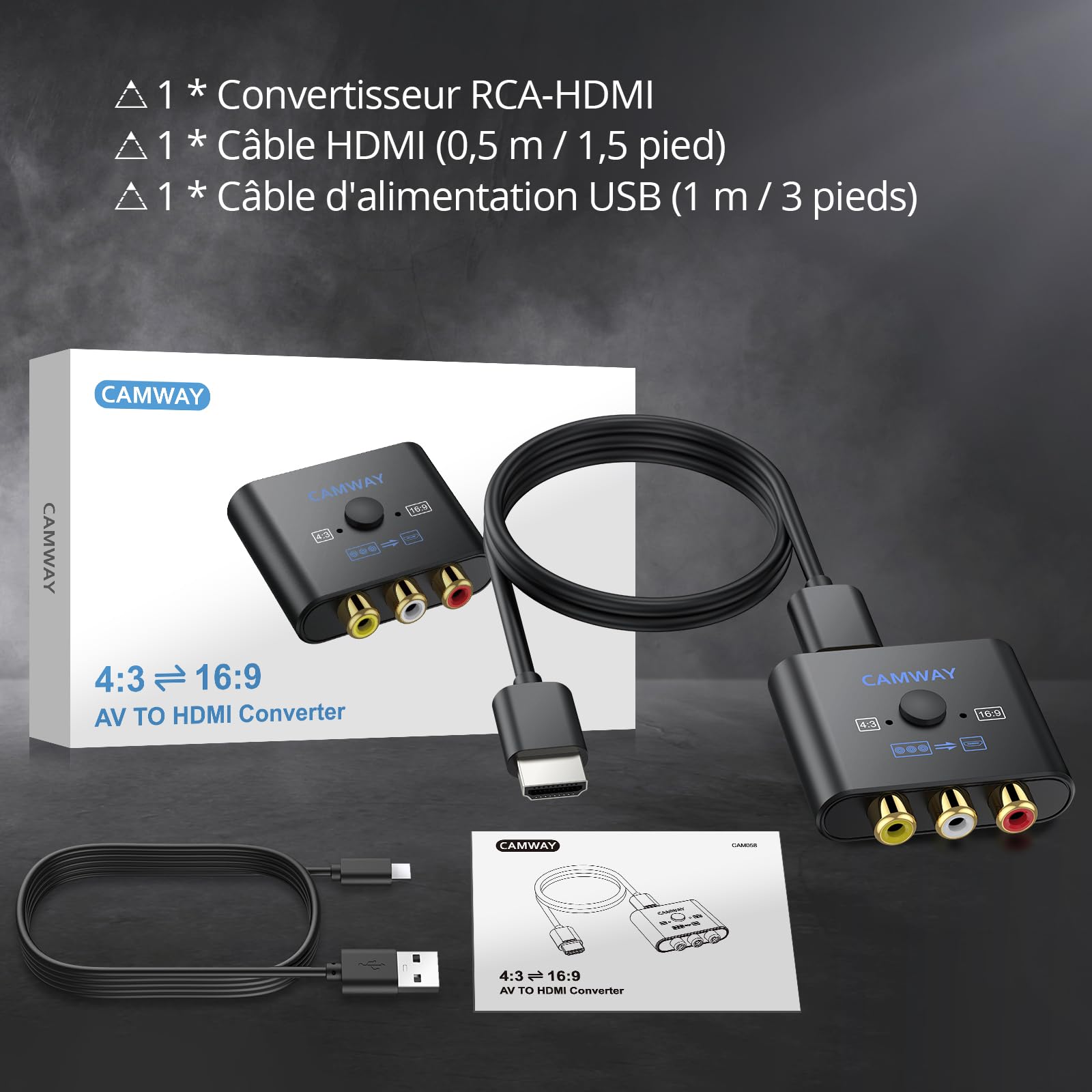 CAMWAY Convertisseur AV vers HDMI avec Câble 50cm Adaptateur RCA vers HDMI 1080P/720P (60Hz) pour PS1/PS2/Wii/N64 Commutateur 4:3/16:9 Exclusif Plug & Play Compatible Téléviseurs/Moniteurs