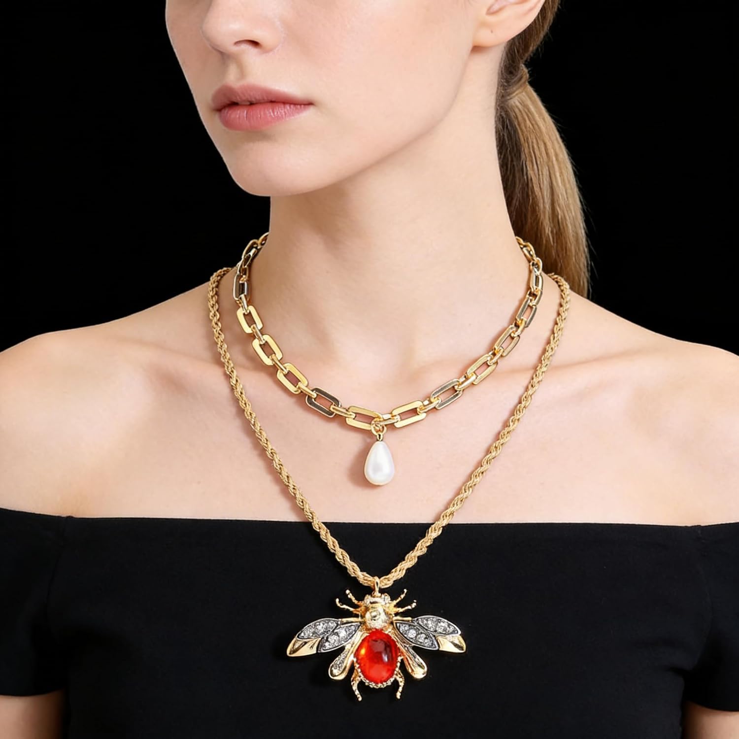 Gold Bee Pearl Pendant Chain Link Necklace for Women, Double Layered Chain Jewelry, Adjustable Length Elegant Necklace Gift for Birthday Wedding Anniversary - Image 3