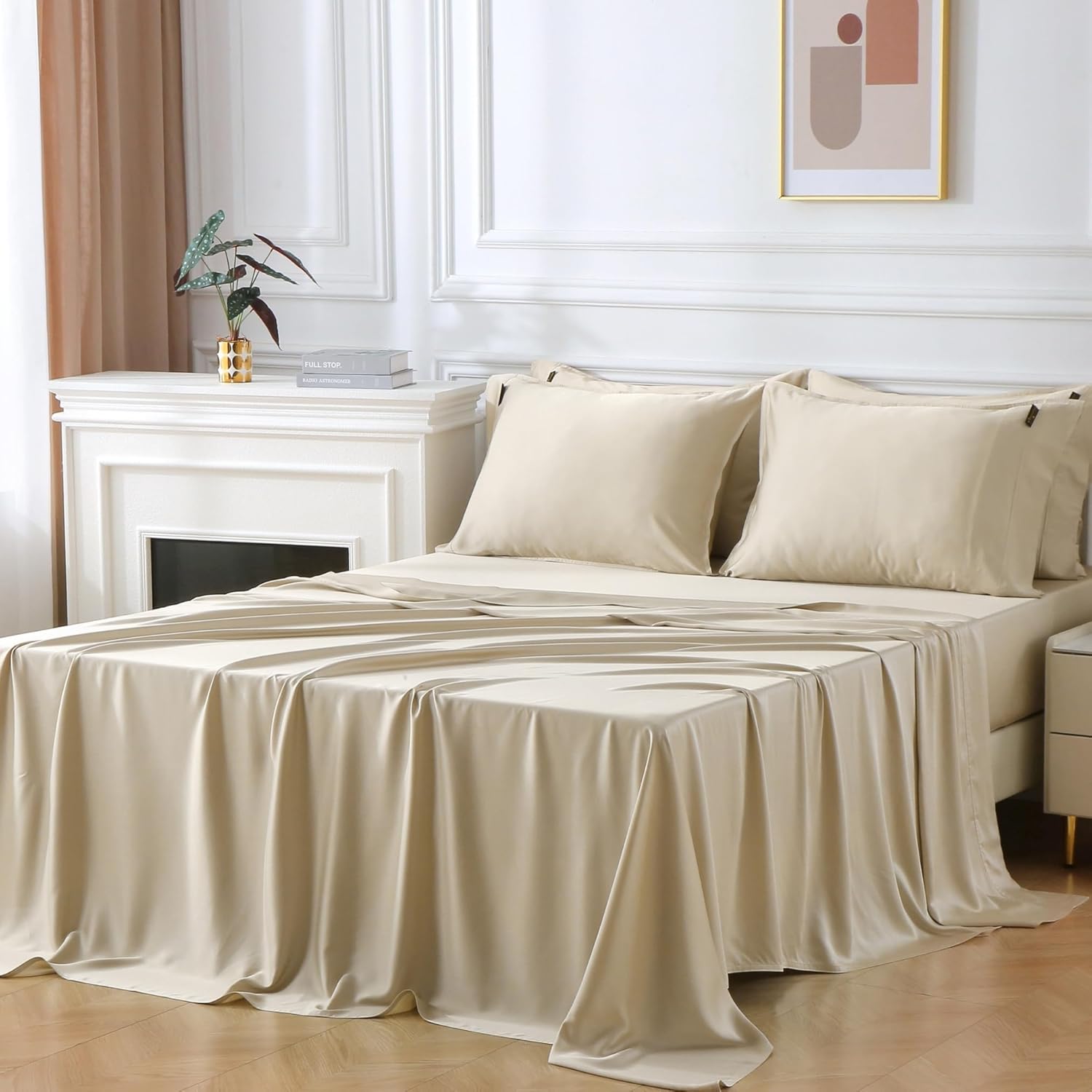 100% Bamboo Lyocell Bed Sheets – 400 Thread Count Sateen Weave, 6-Piece Set with Deep Pockets & 4 Pillowcases, Cooling, Soft, Oeko-TEX Certified (Pearl White, King (U.S. Standard)) - Thumbnail 2